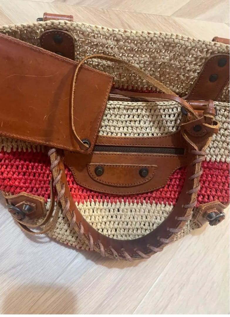 BALENCIAGA Red Beige Striped Raffia Straw Basket Tote Bag Leather Handle Mirror