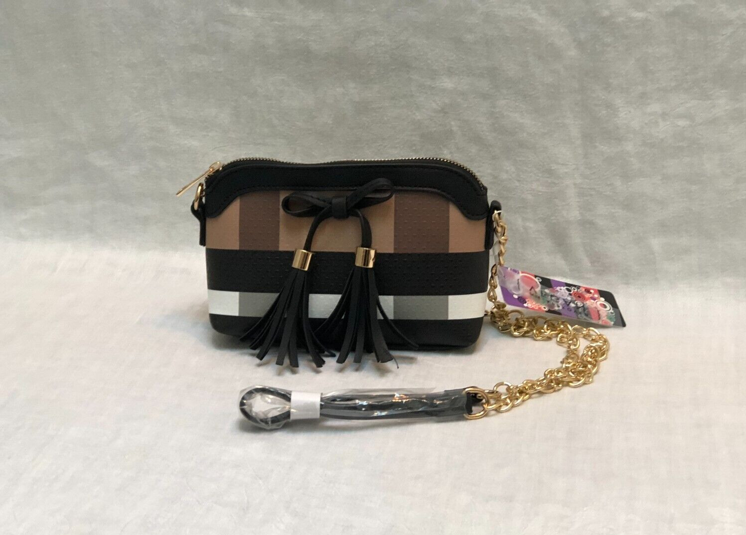 Deluxity Vegan Leather Multicolor Plaid Crossbody Bag Purse with Bow PETA