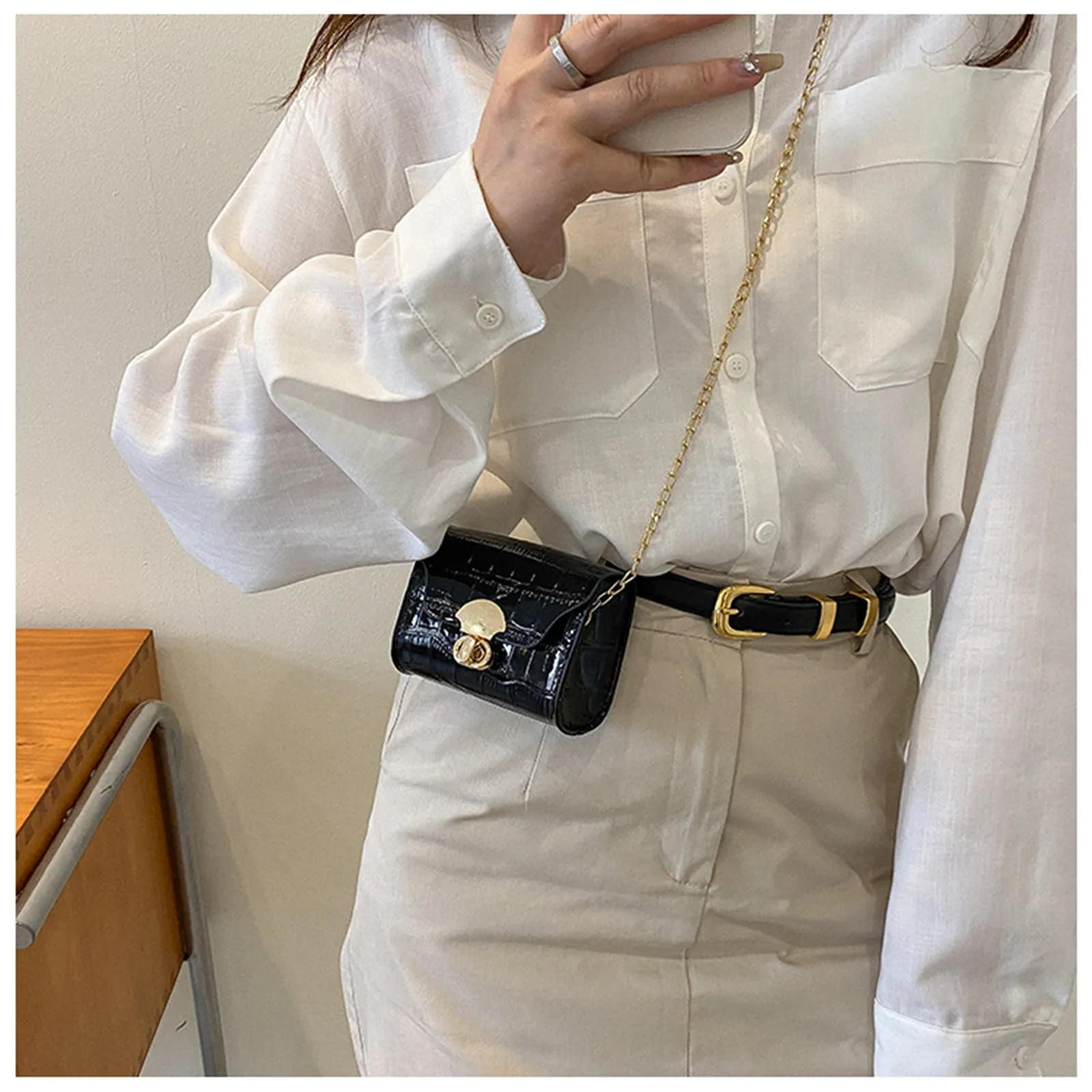Korean Style Leather Bright Surface Shoulder Bag Chain Mini Crossbody Bag