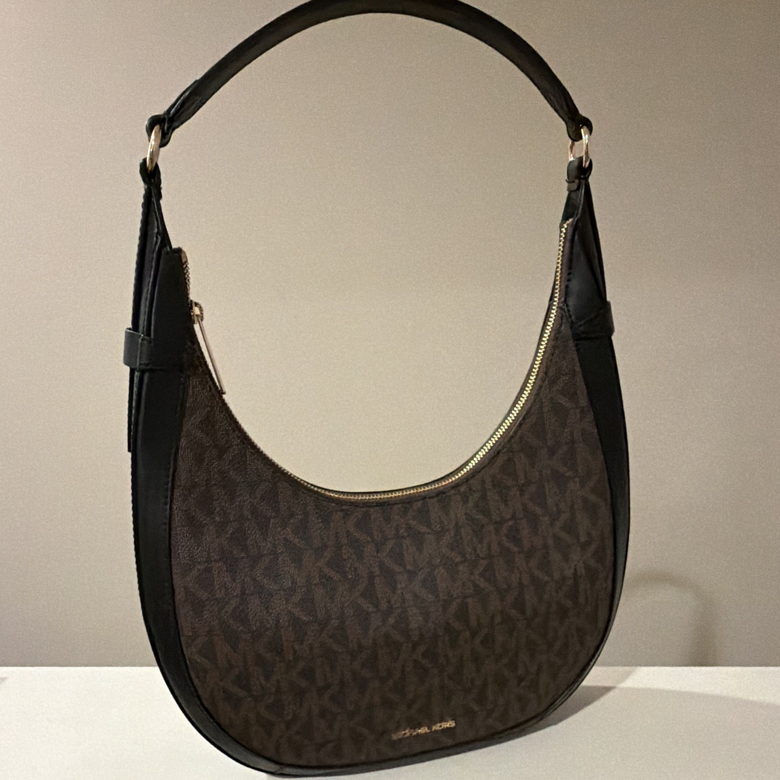 Michael Kors Brown/Black Monogram Crescent Shoulder Bag Zip Top