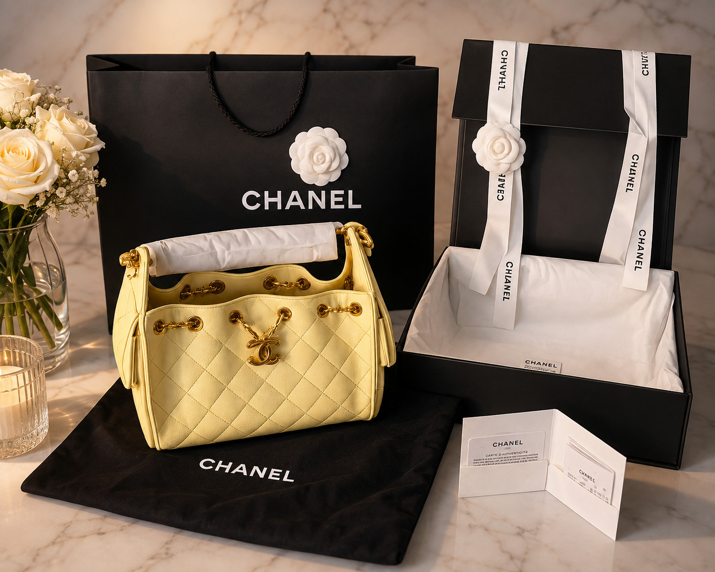 NEW Chanel 25 Mini Hobo Butter Yellow Caviar Gold HW Full Set Box, Bag, Receipt