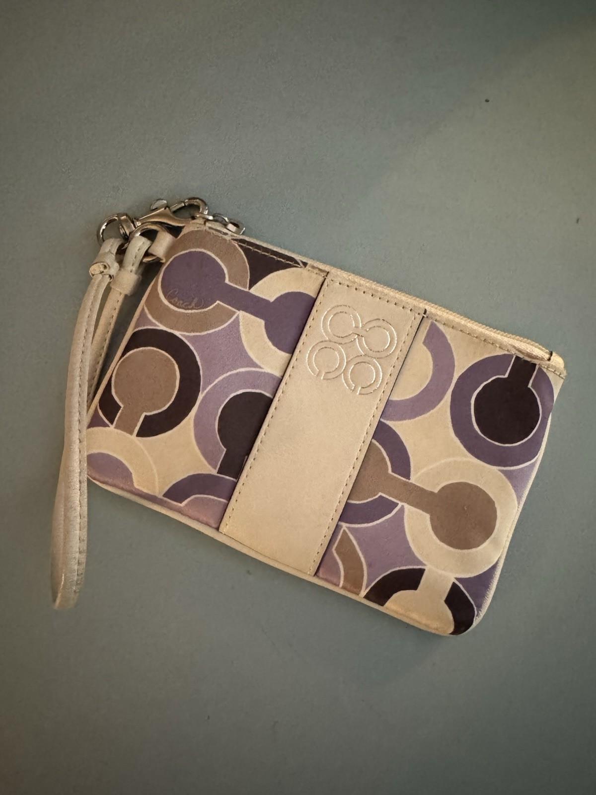 Y2K Coach Signature Julia Wristlet Purple Lavender Stripe Cream Leather Trim