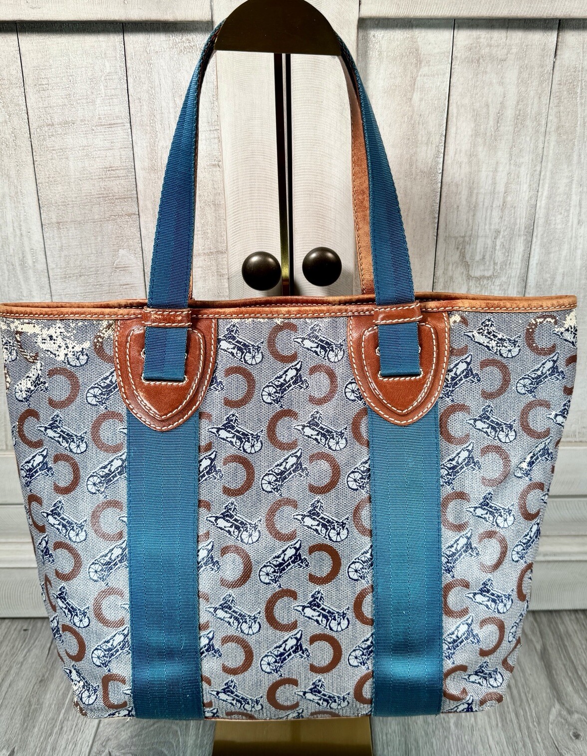 Celine Macadam Pattern Shoulder Bag Tote Authentic Brown Logo Aqua Handles