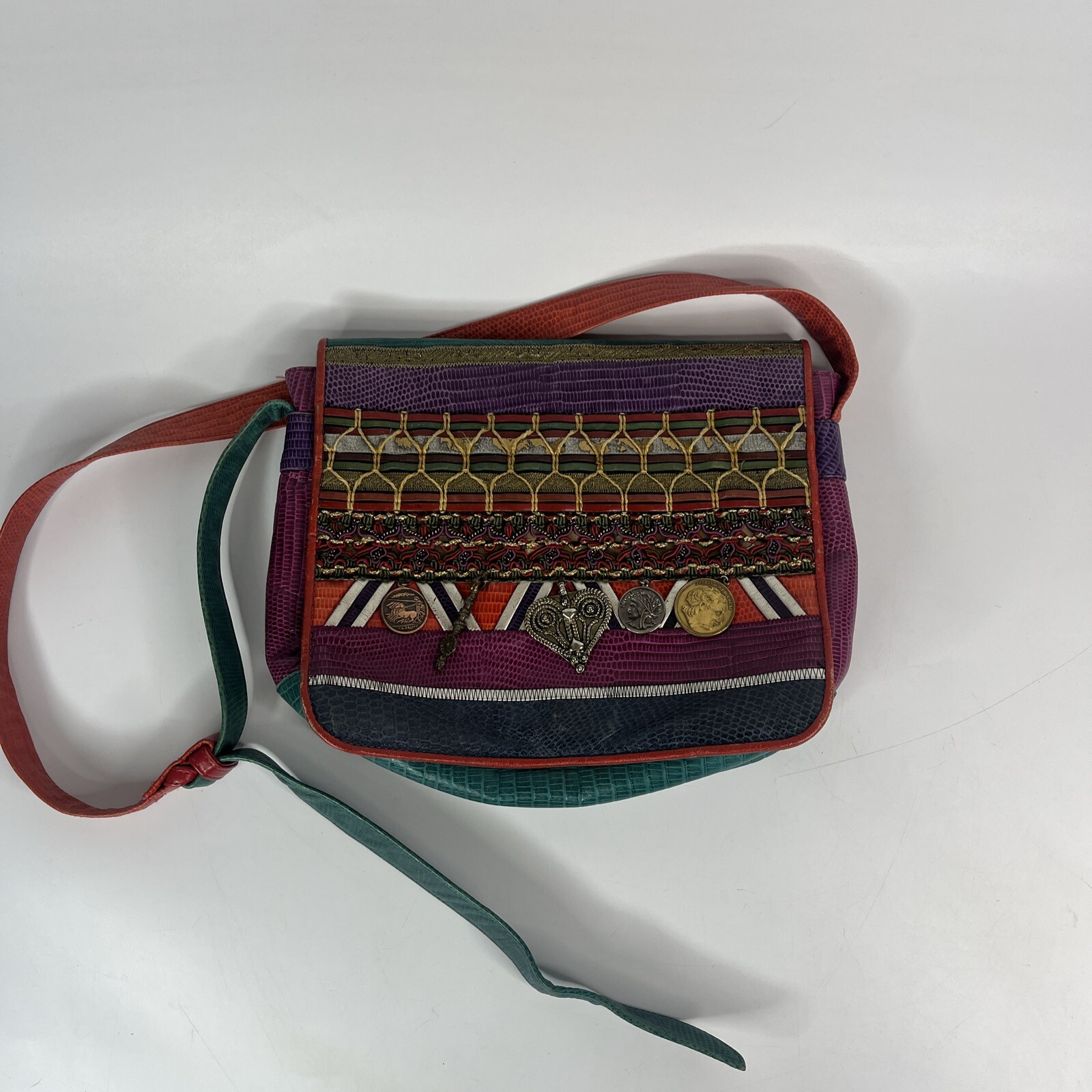 SHARIF USA CROSSBODY PURSE W/ CHARM Colorful Heart Coins Trendy Hipster Boho