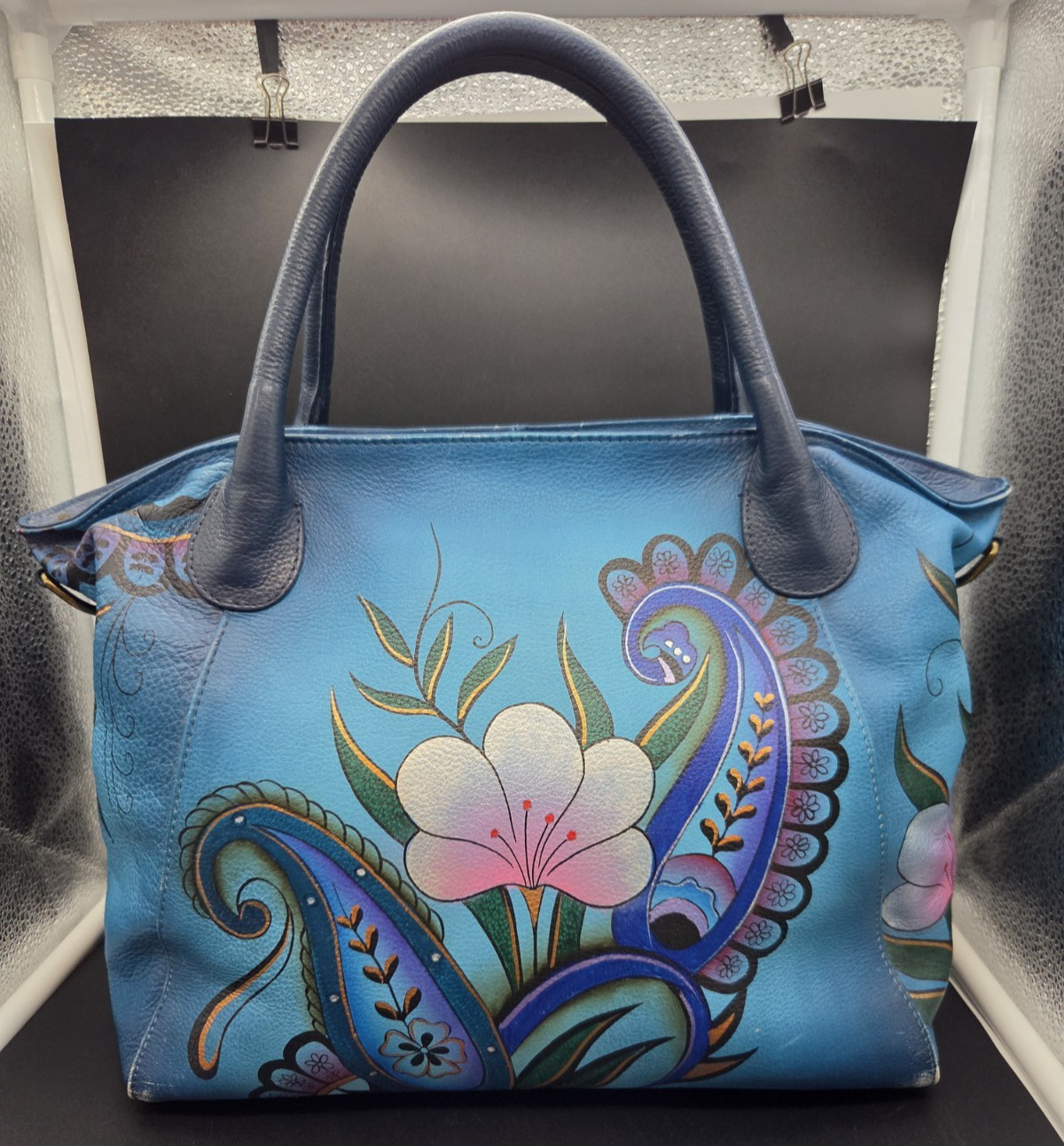 Anuschka Hand Painted Leather Satchel Tote Bag Paisley Floral Blue Signed EUC