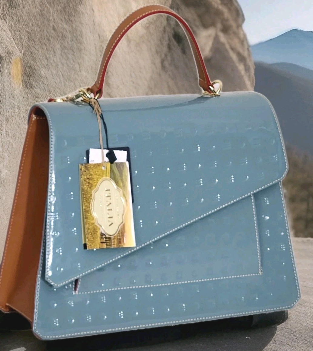 🌞ARCADIA ITALIAN DESIGNER AQUA BLUE PATENT LEATHER TOP HANDLE X-BODY BAG🌺NWT!