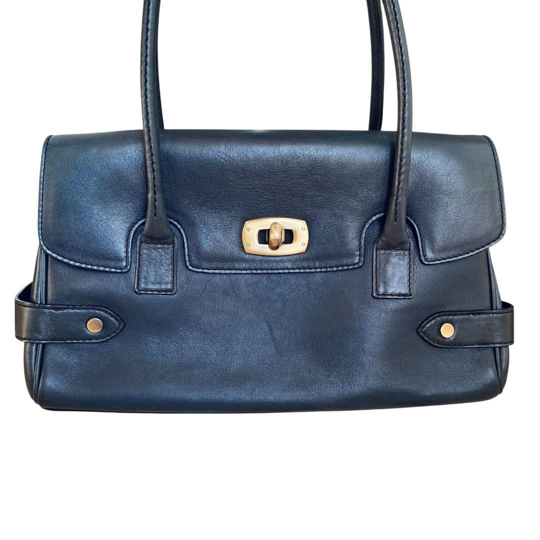 Tsuchiya Kaban Navy Leather Turn Lock Tote Bag Women Lightweight Auth