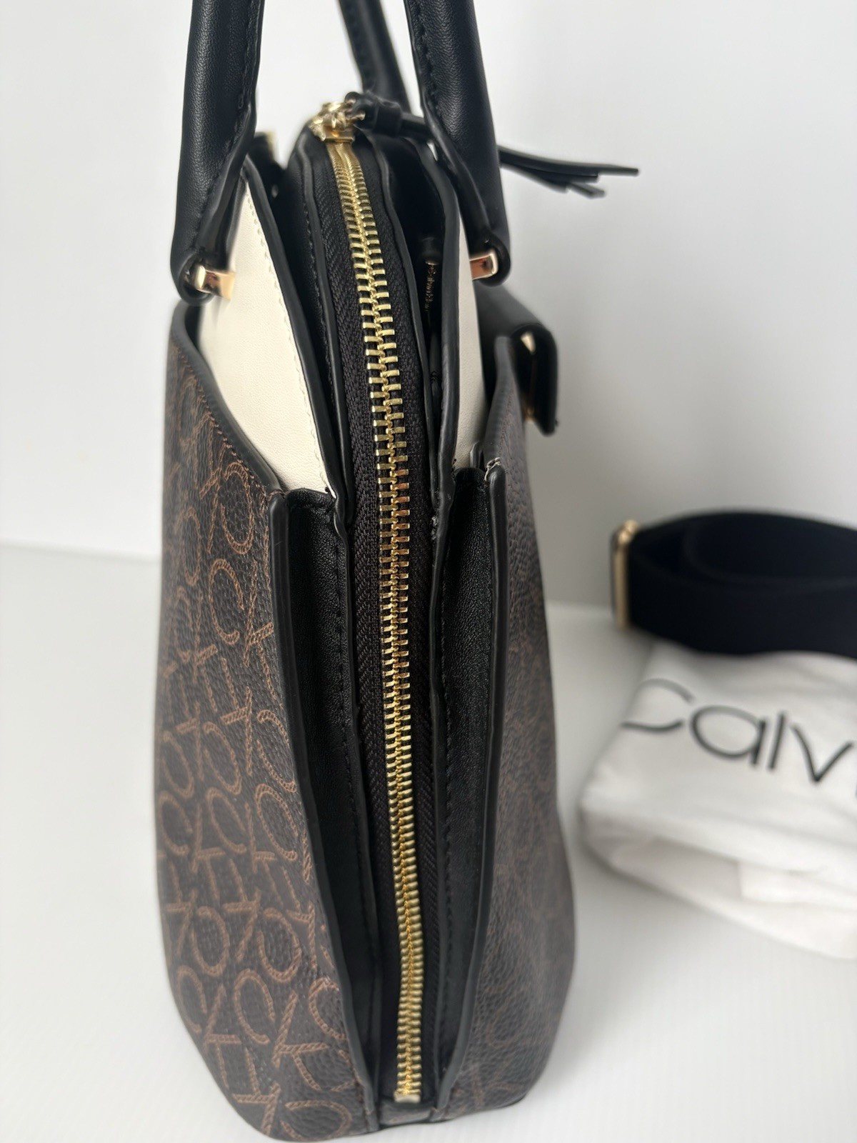 Calvin Klein Becky Dome Organizational Satchel Brown/Khaki/Black/White New