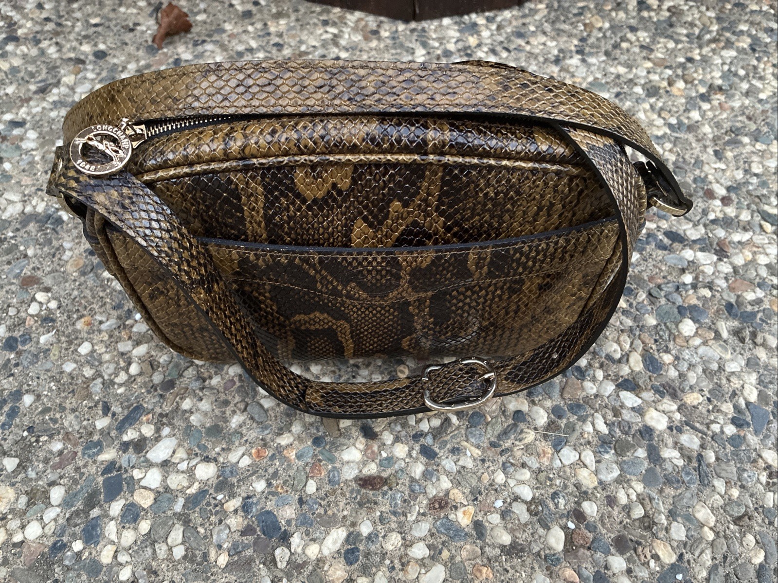 Longchamp Python Snake Print Leather Shoulder Bag Purse Crossbody Browns