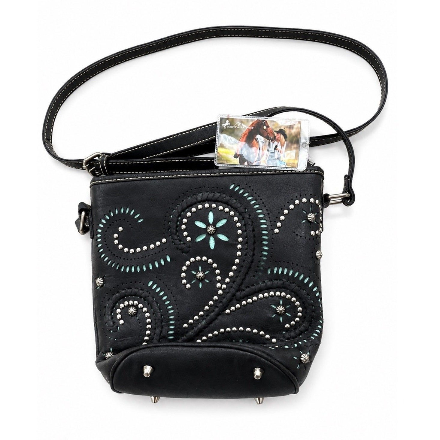 NWT Montana West Black Tooled Floral Studded Turquoise Accent Crossbody Purse