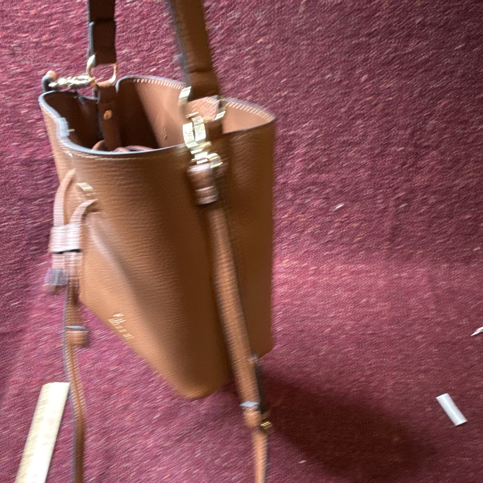 Nanette Lepore Brown Pebbled Bucket Drawstring Crossbody Gold HW