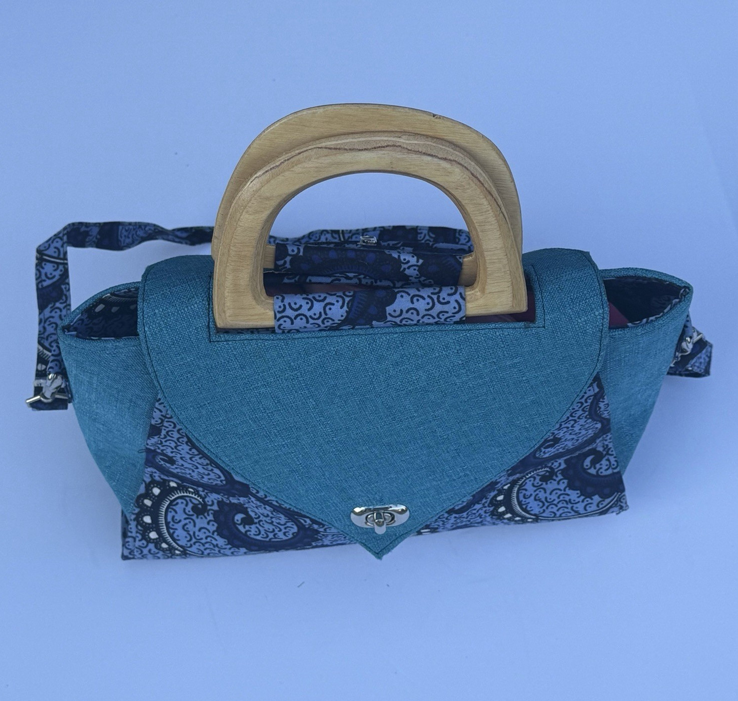 Blue Paisley Small Rectangle Top Handle Bag Wooden Handle, Detachable Strap