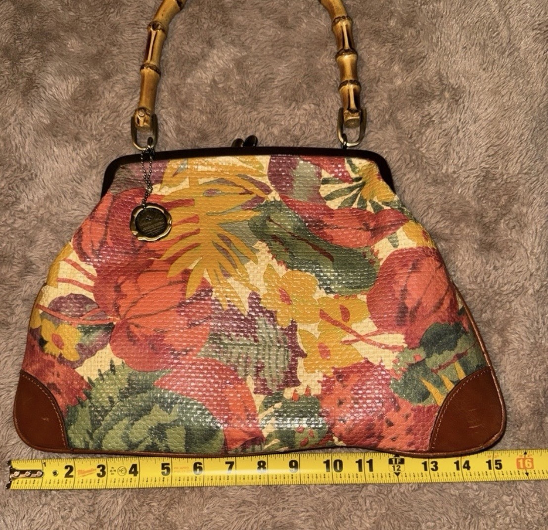 Patricia Nash Satchel Tropical Dreams Ozieri Wooden Handle Handbag Kiss Lock