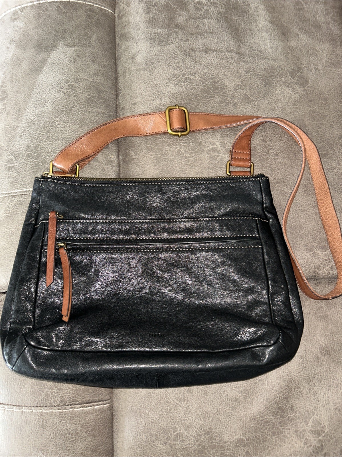 Fossil Corey Crossbody Bag Black Brown Leather Messenger Purse