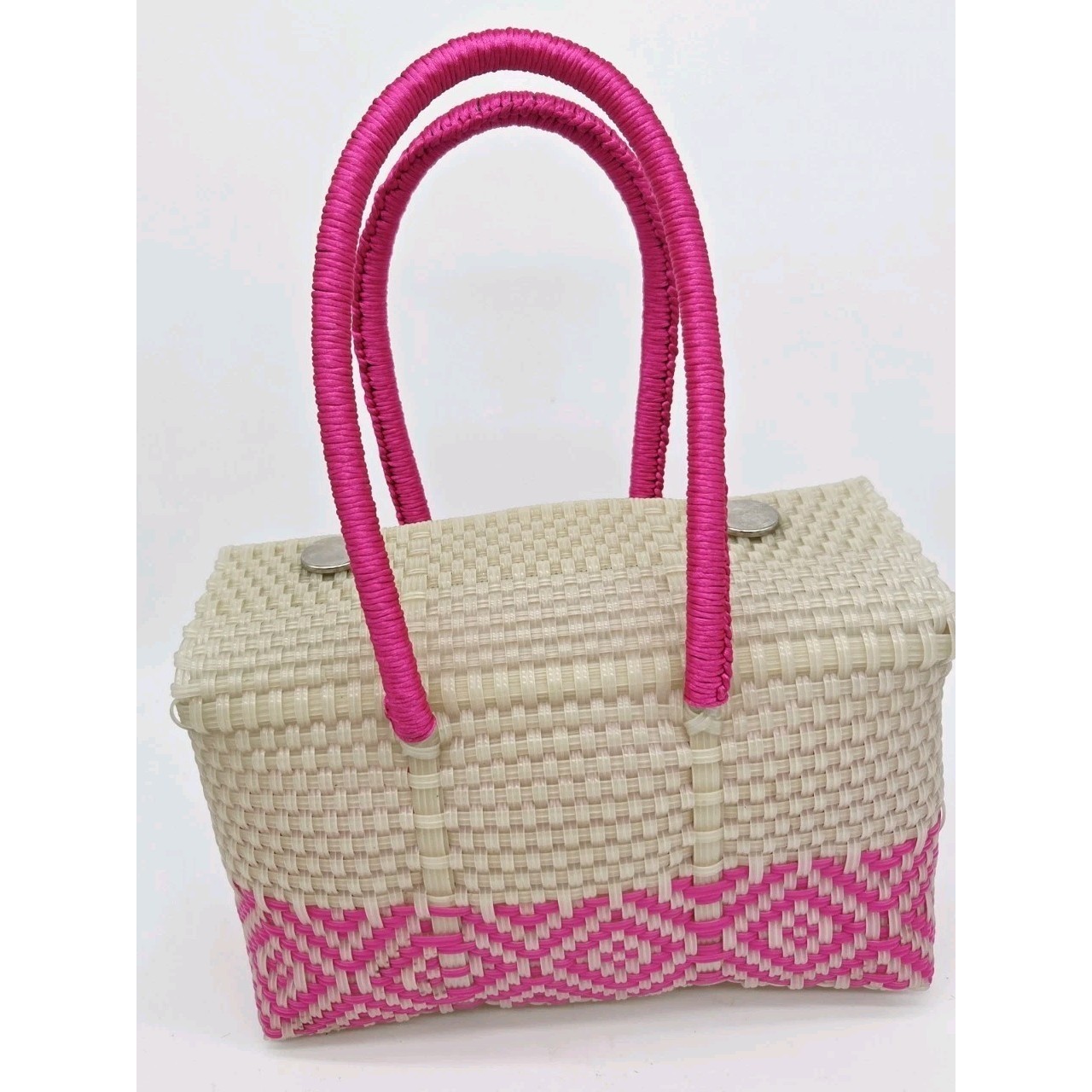 Handmade Woven Multicolor Tote Bag With Wrapped Handles Pink Recylced Beach PINK