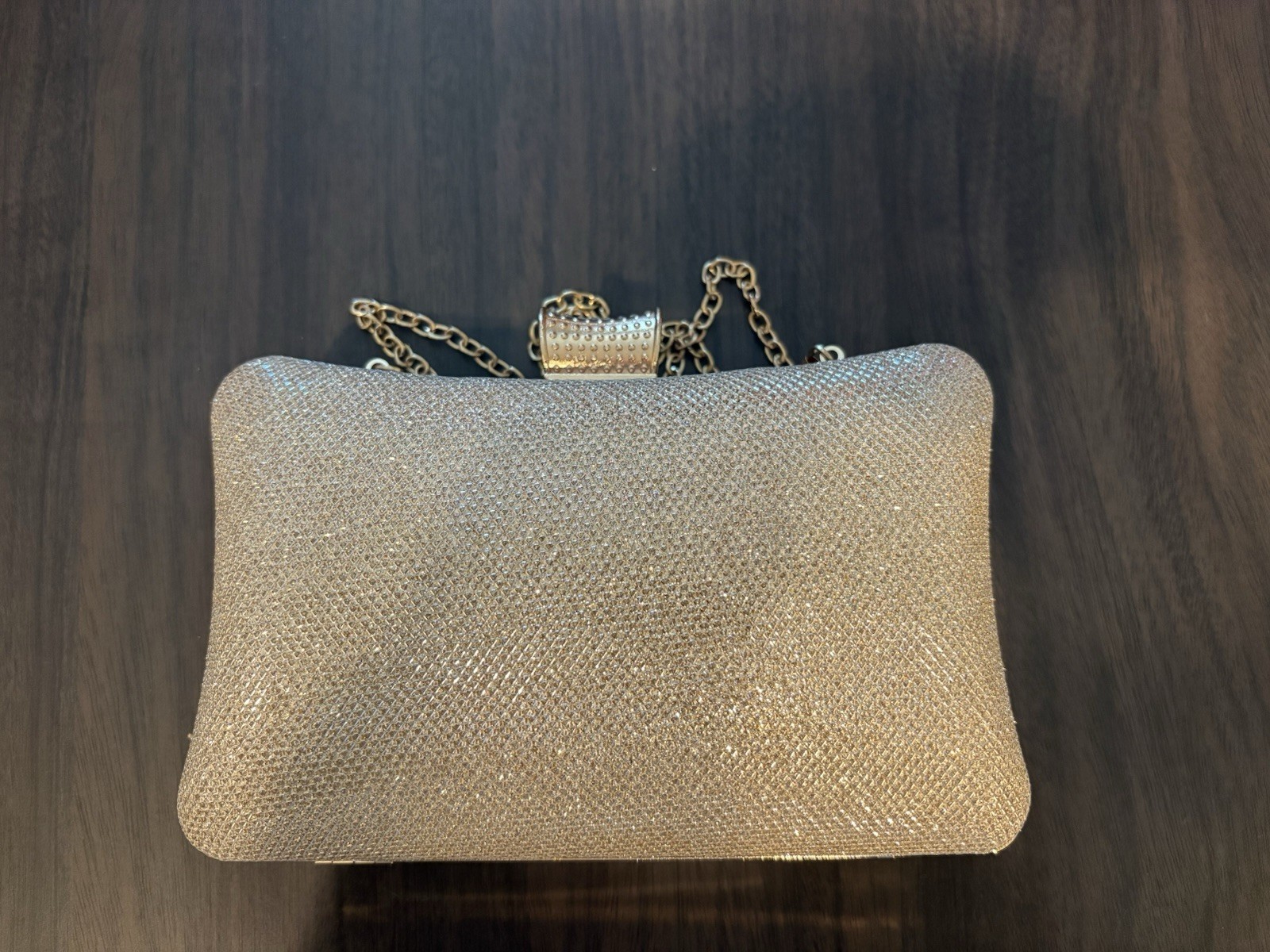 Gold Rhinestone Crystal Hard Case Evening Clutch w/ Chain Shoulder Strap