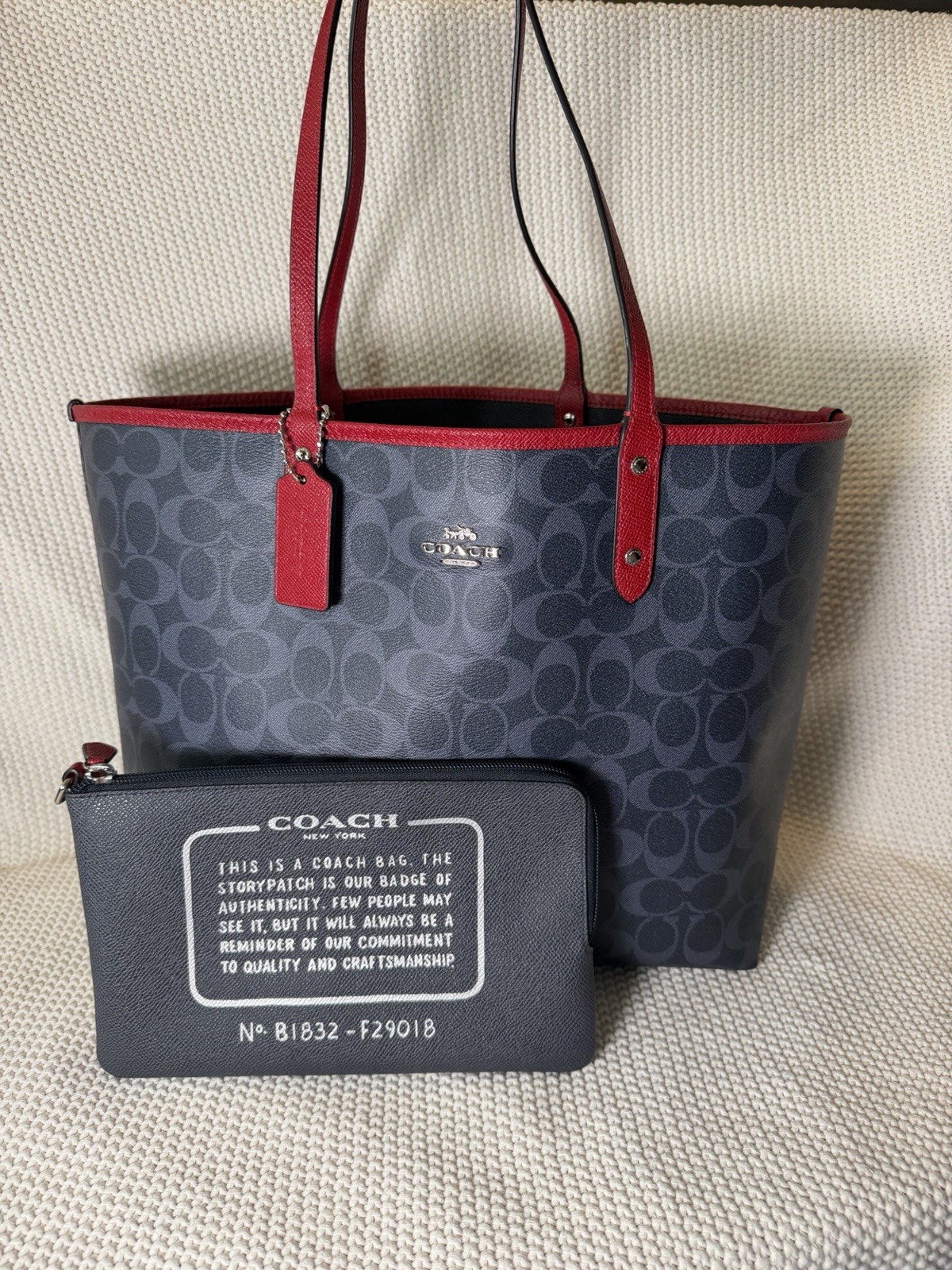 COACH Signature Rare Reversible City Tote Navy Blue Red With American Flag Motif