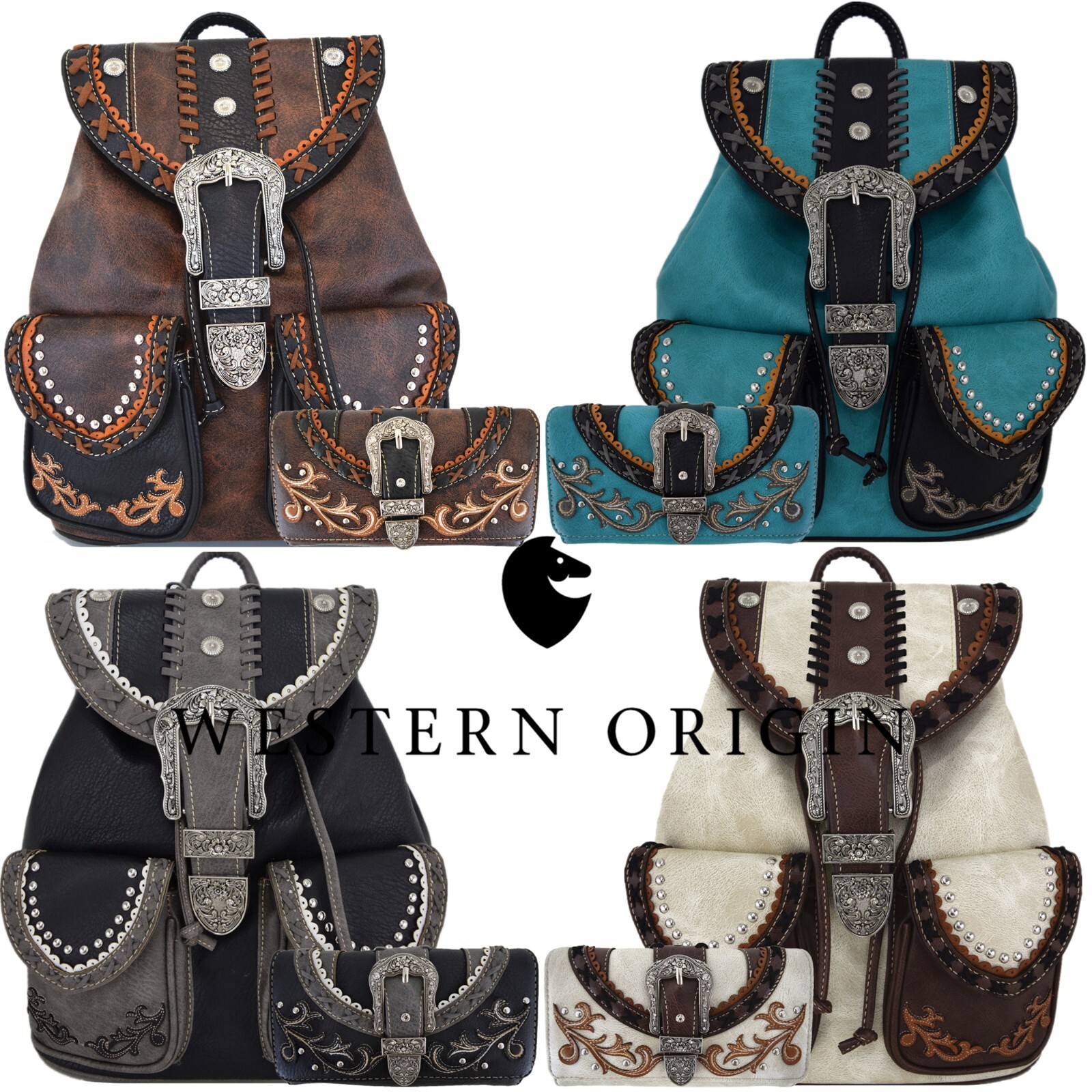Western Style Tooled Buckle Women Backpack School Bag Daypack Biker Purse Wallet