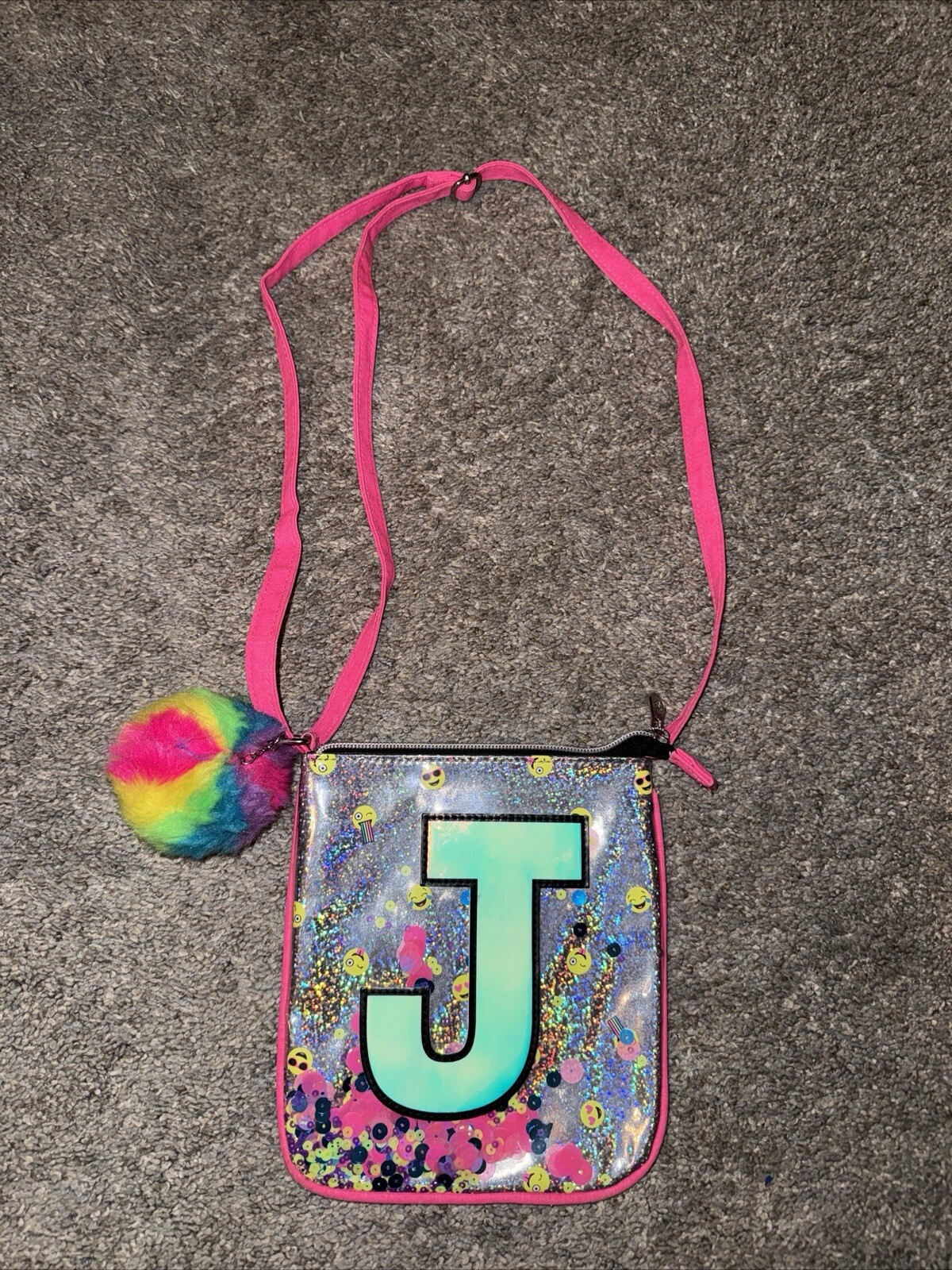 Justice Girls Emoji Crossbody Purse Clear Front W/Sequins Letter “J” Pink Strap