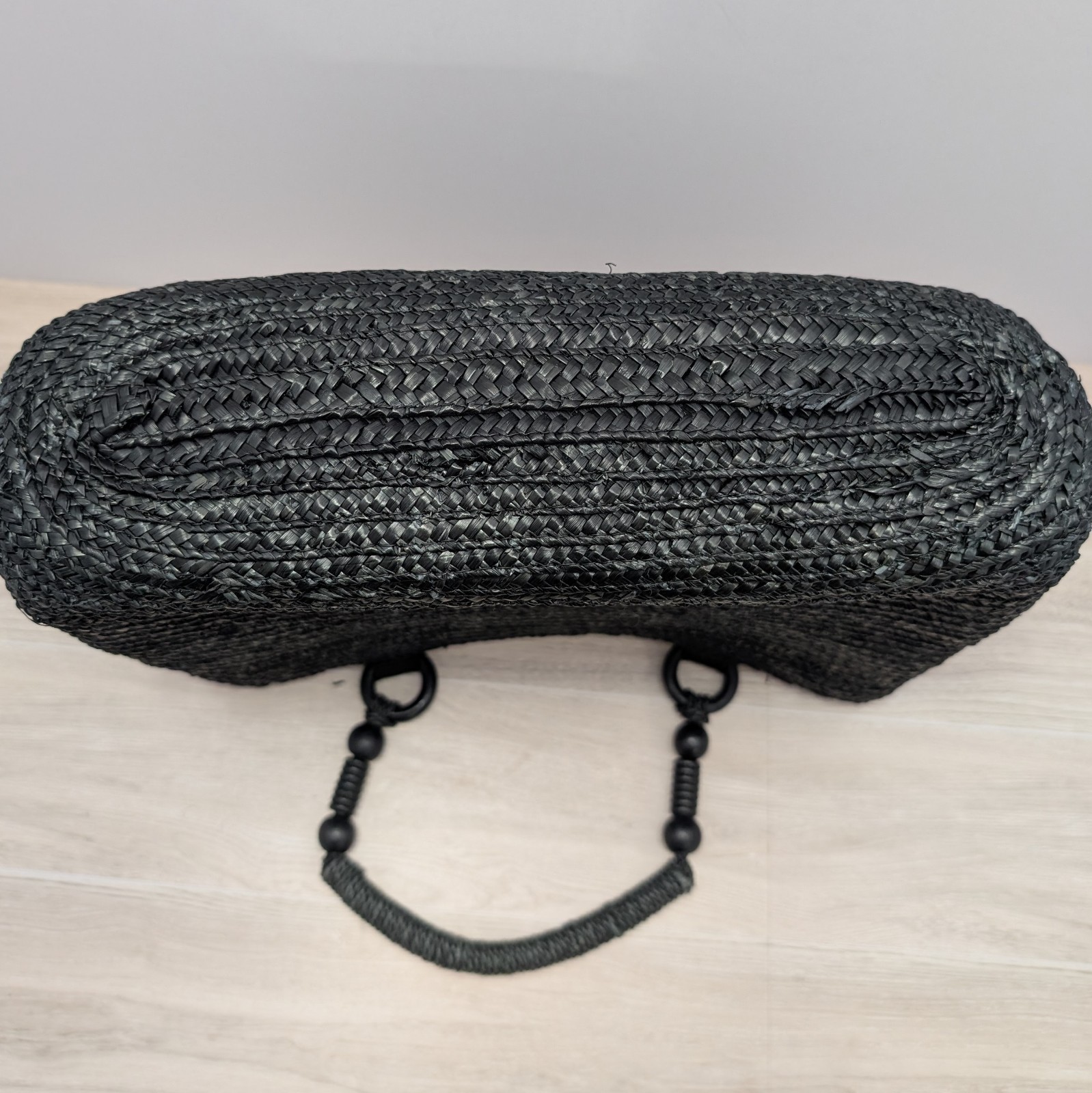 Croft & Barrow Black Woven Straw Handbag Purse, Boho Style Macrame Handles