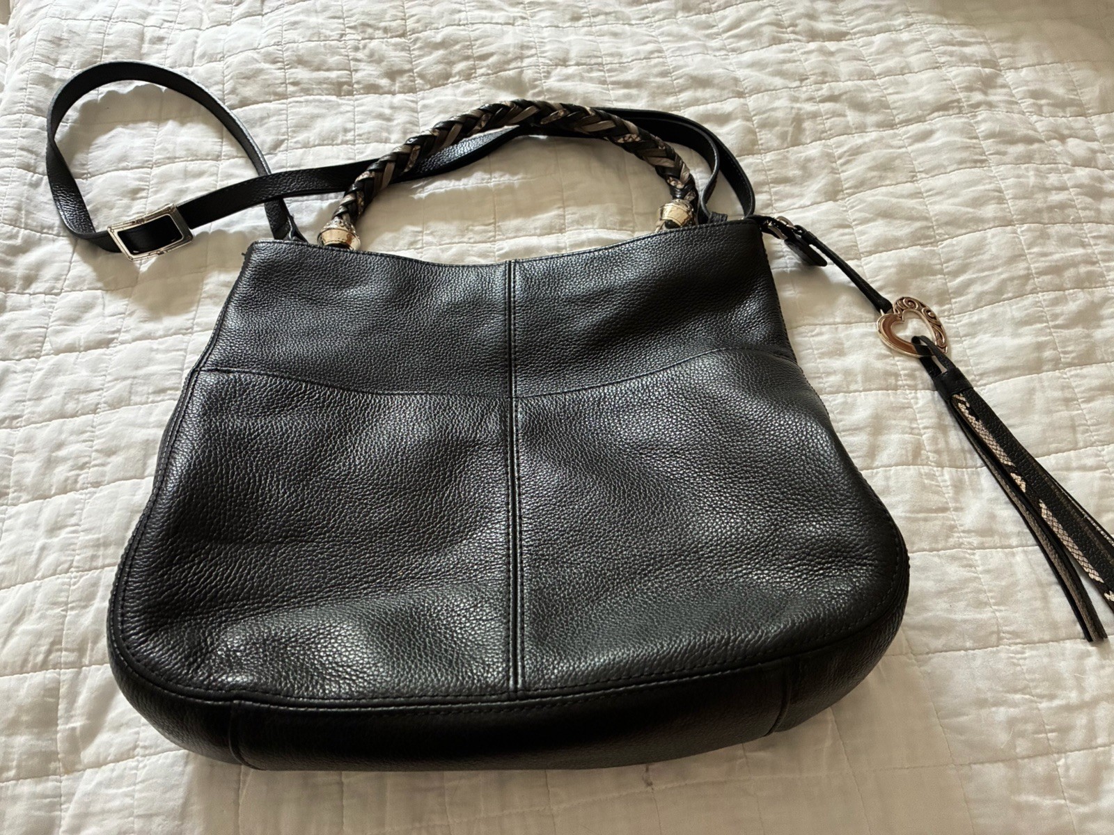 BRIGHTON Barbados Shoulder Hobo Bag Black Pebbled Leather Zip Top Braided Strap