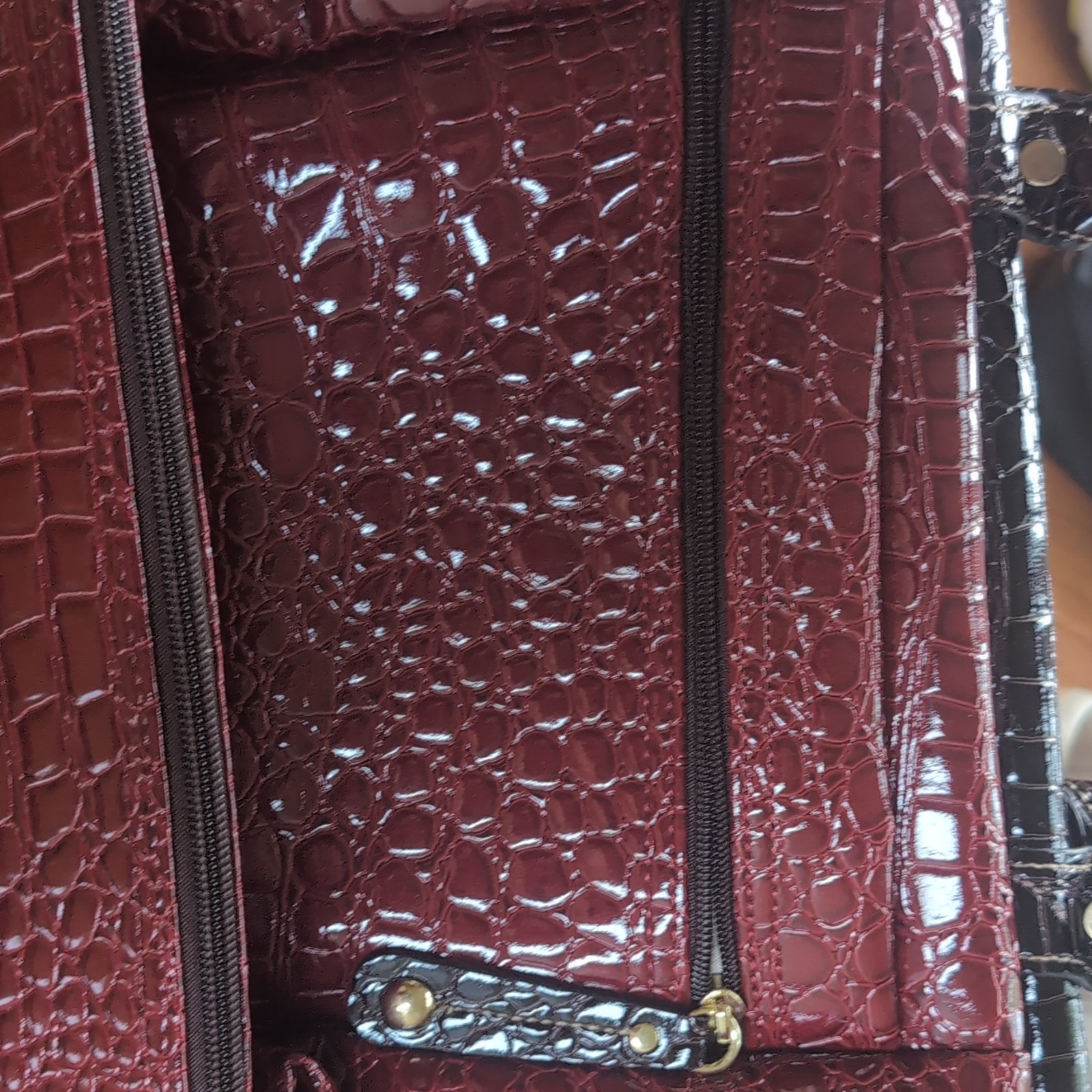 Samantha Brown Croc Embossed Burgundy/Black Satchel, Zip, Detachable Strap