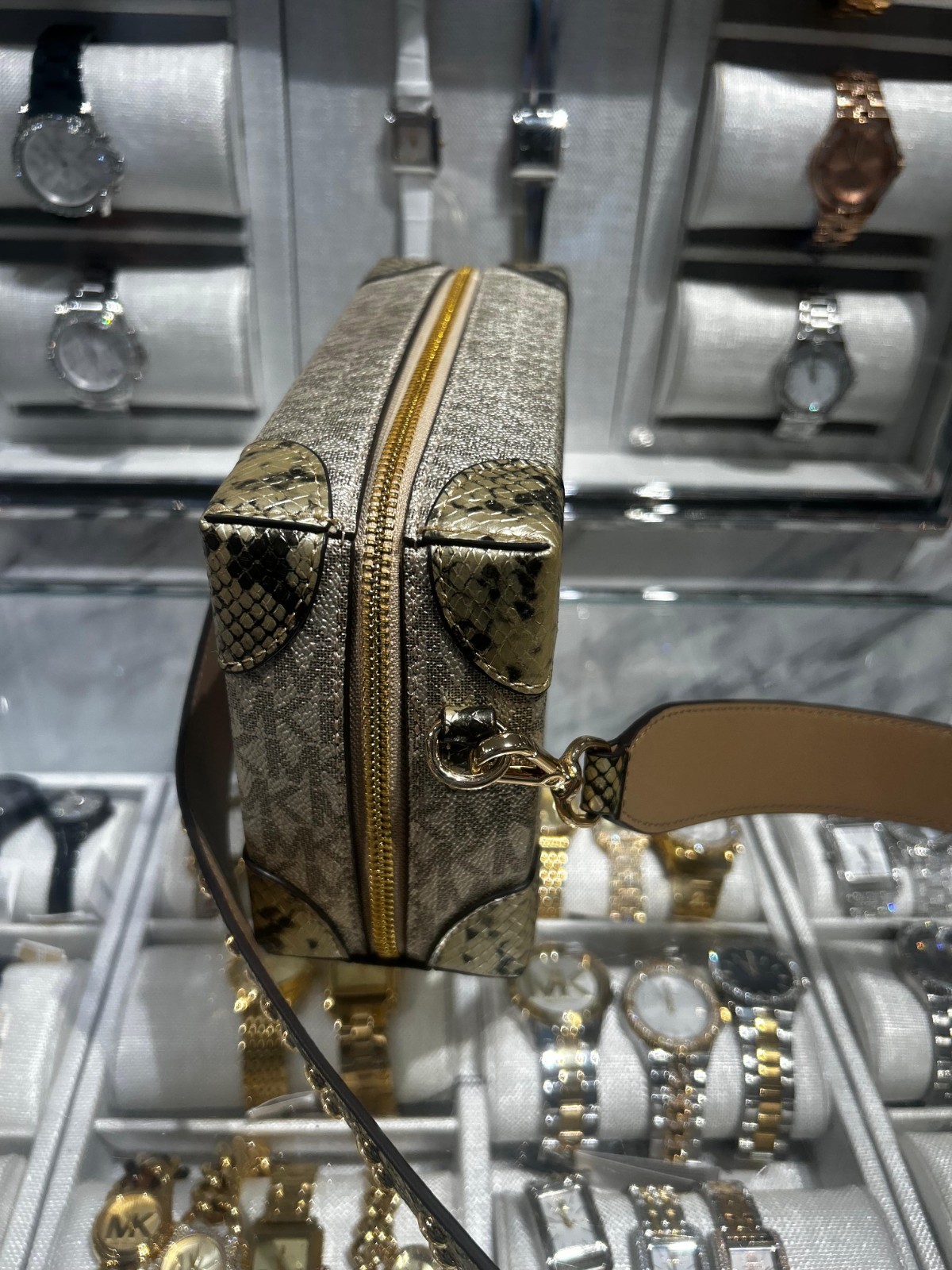 Michael Kors Jeanie SM Metallic Snake Embossed Trunk Crossbody Bag Pale Gold