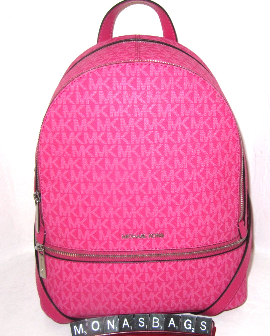 Michael Kors Rhea Medium Zip Dragonfruit Pink Signature Logo Backpack NWT $498