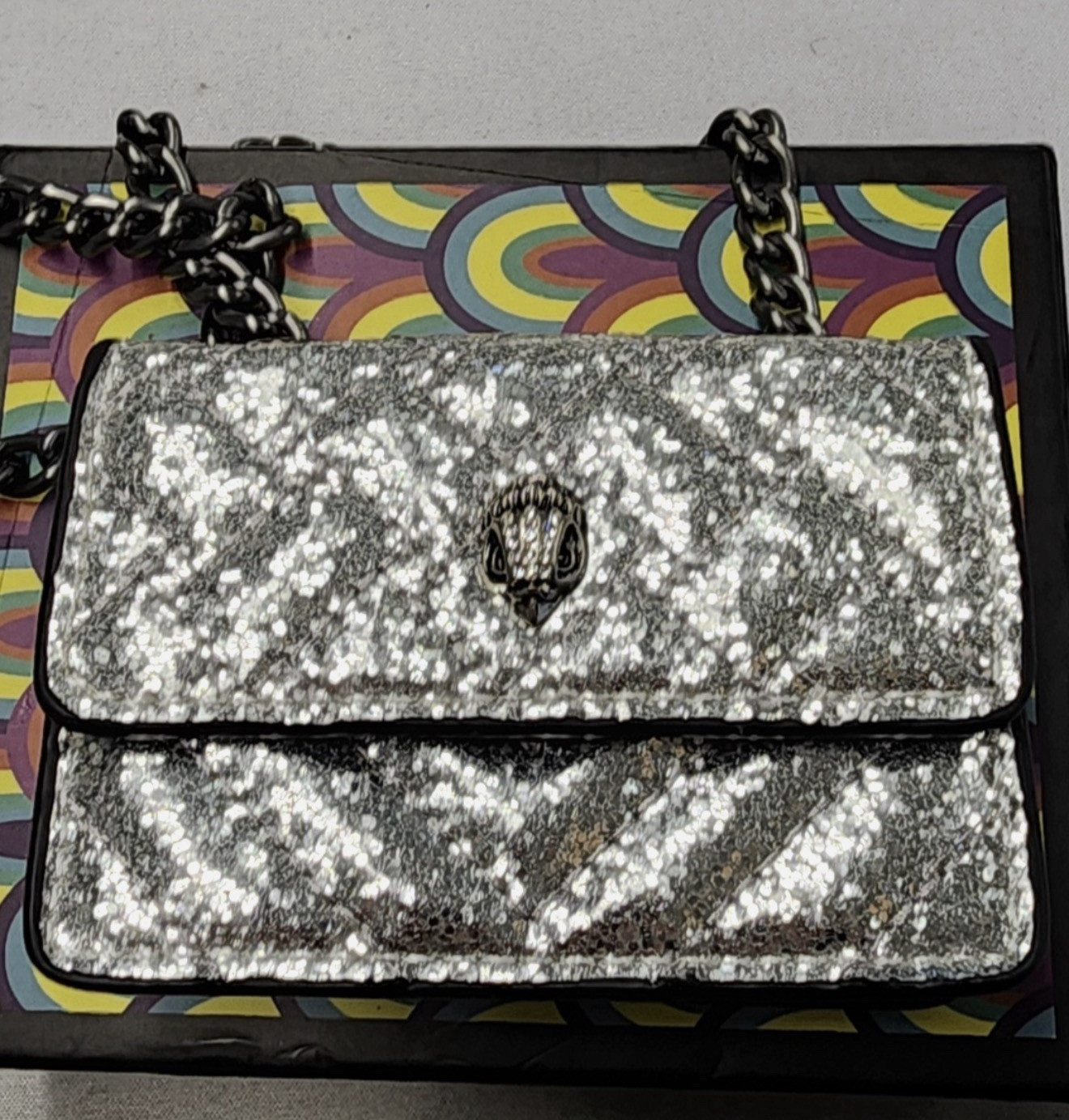 Kurt Geiger London Silver Sequin Small Shoulder Bag Gunmetal Chain Strap Box