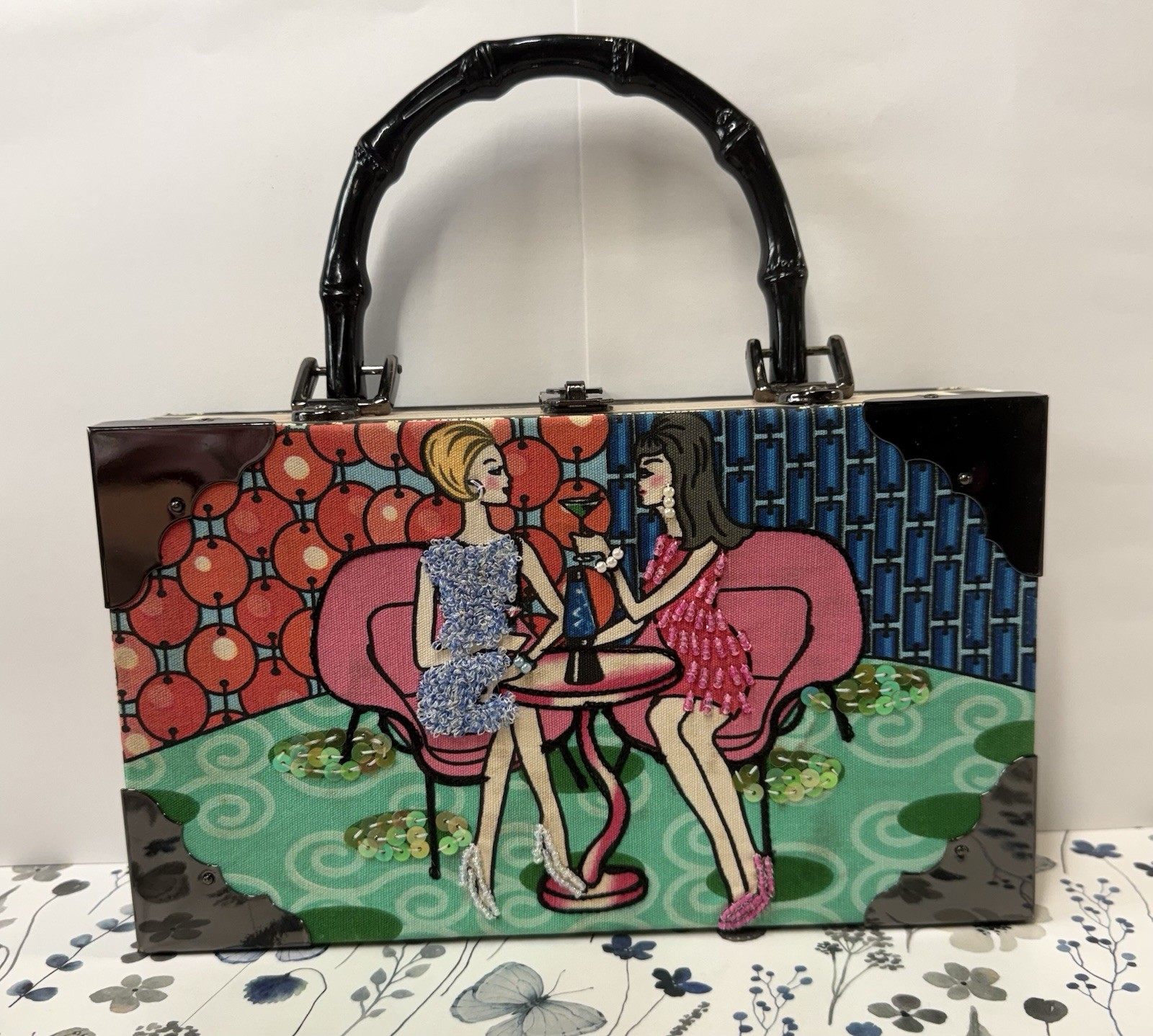 Decorative Cigar Box Purse – Beaded, Lined with Pockets 9.25″x8.75″x2.5″