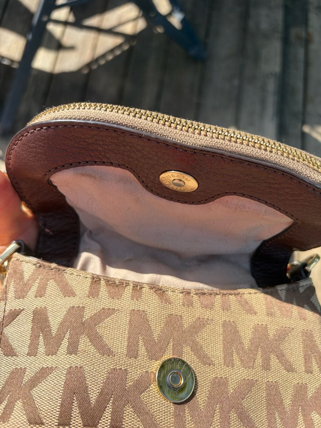Michael Kors Logo Print Brown and Beige Saddle Crossbody Bag