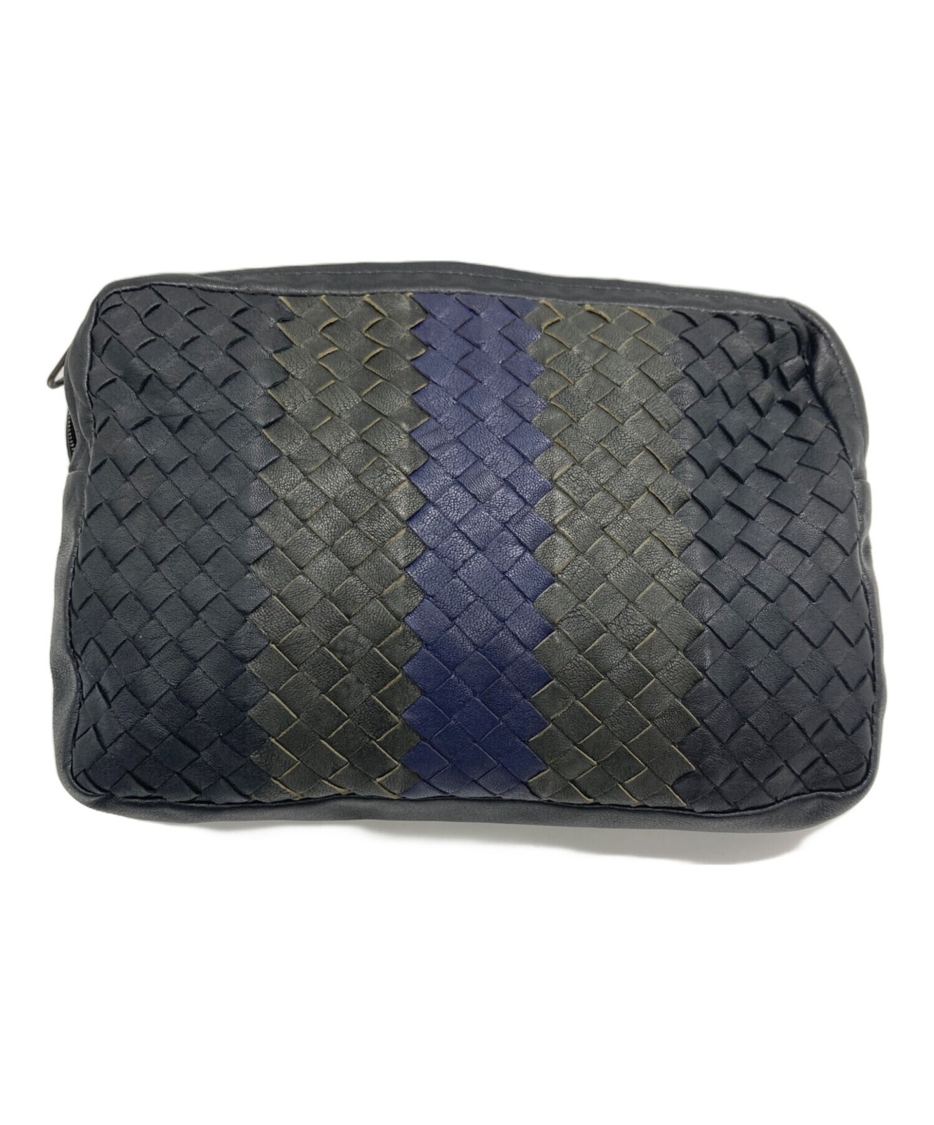 Bottega Veneta Navy Woven Leather Clutch Bag Unisex 26cm x 18cm Auth