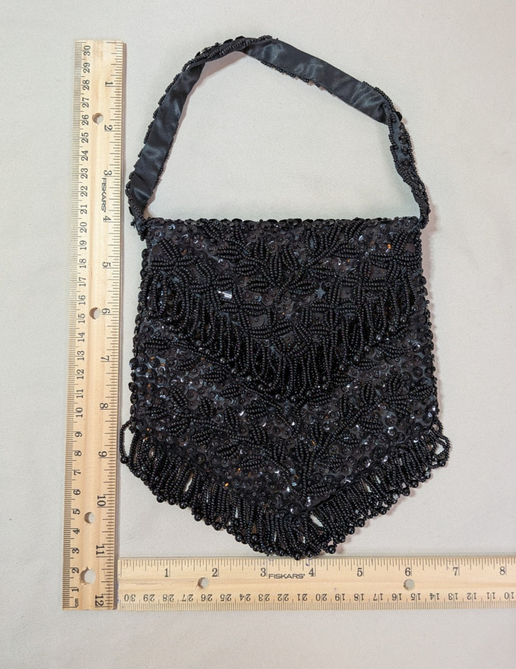 Small Black Purse Beaded Sequins Fringe Trim Flapper Hong Kong Evening Bag Prom