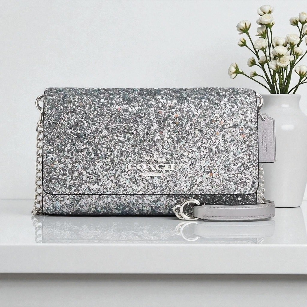 Coach Flap Clutch Crossbody in Silver Glitter and Leather CP189