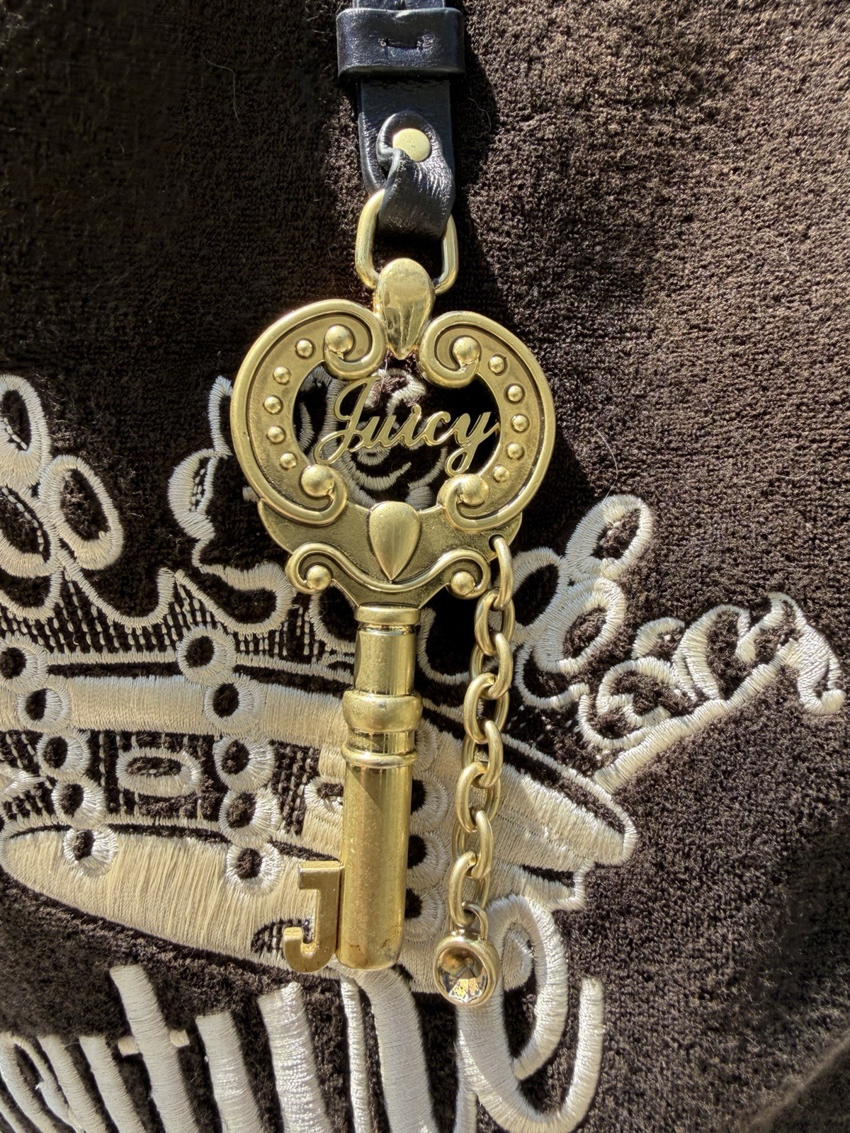 Vintage Y2K Juicy Couture Brown & Black Velour Tote Bag Charm Crown Cursive Logo