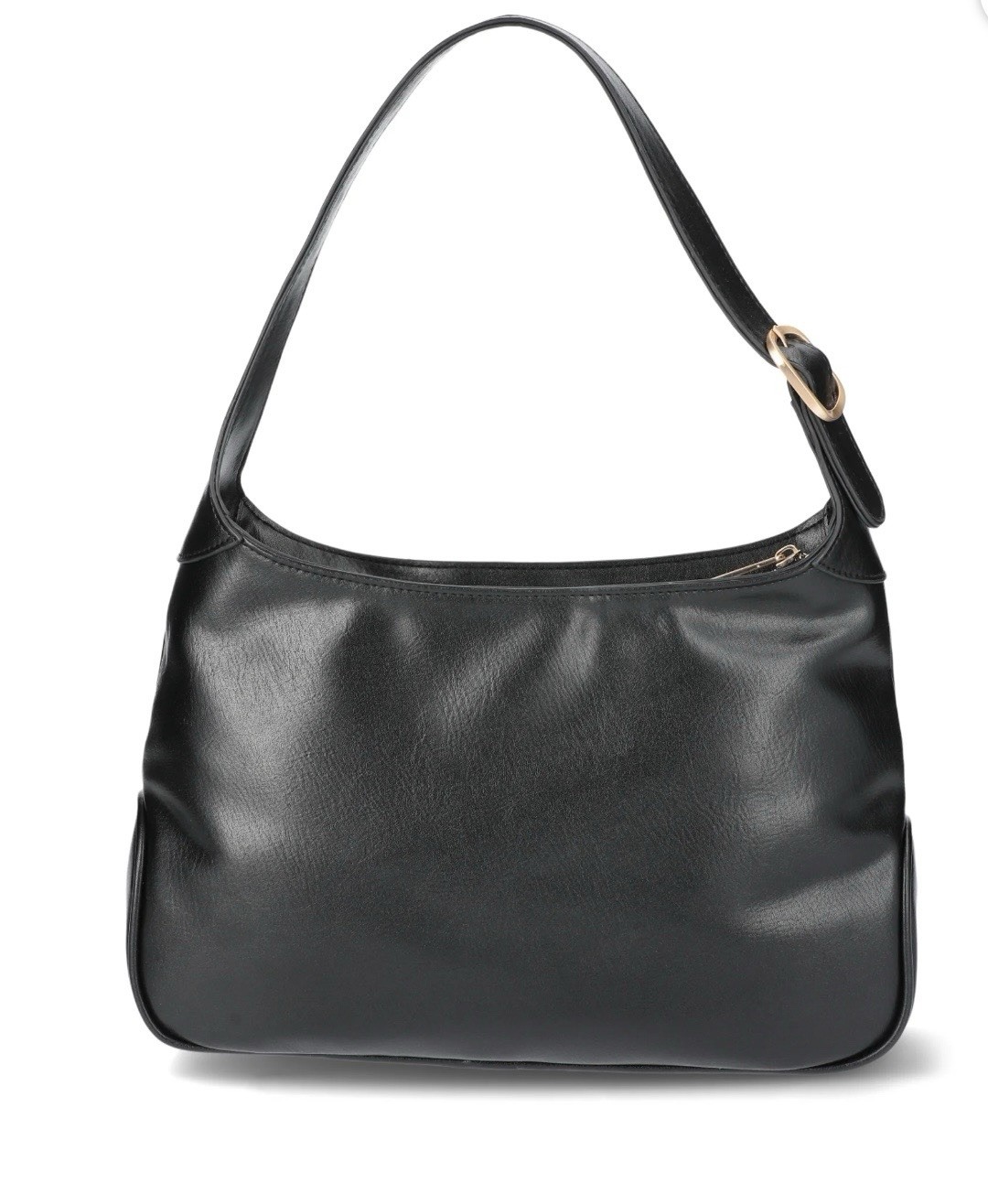 Black Shoulder Bag Gold Hardware Zipper Stitching Logo Accents Zip Closure