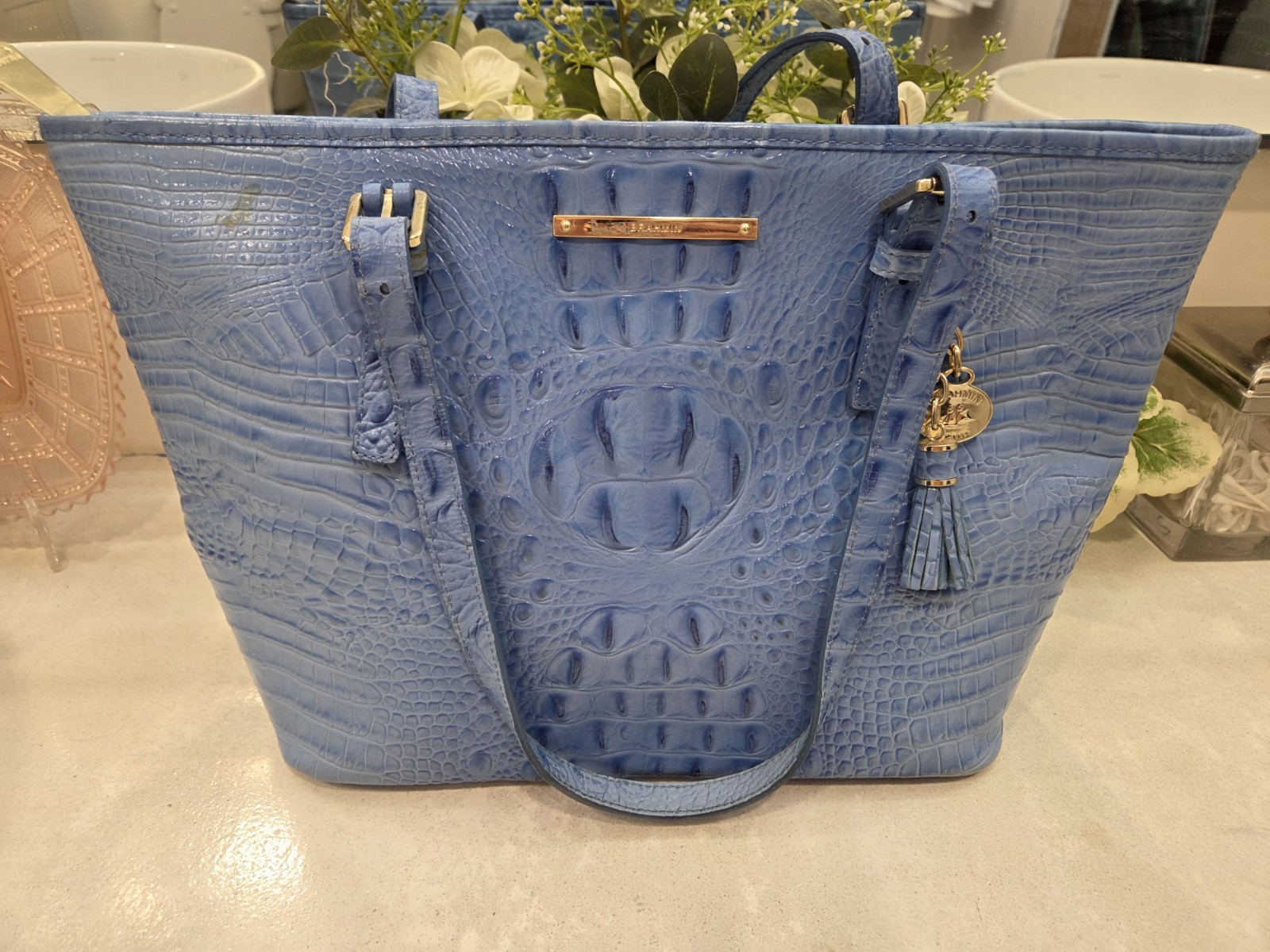 Brahmin Medium Asher Chambray Blue Melbourne Croc Embossed Handbag