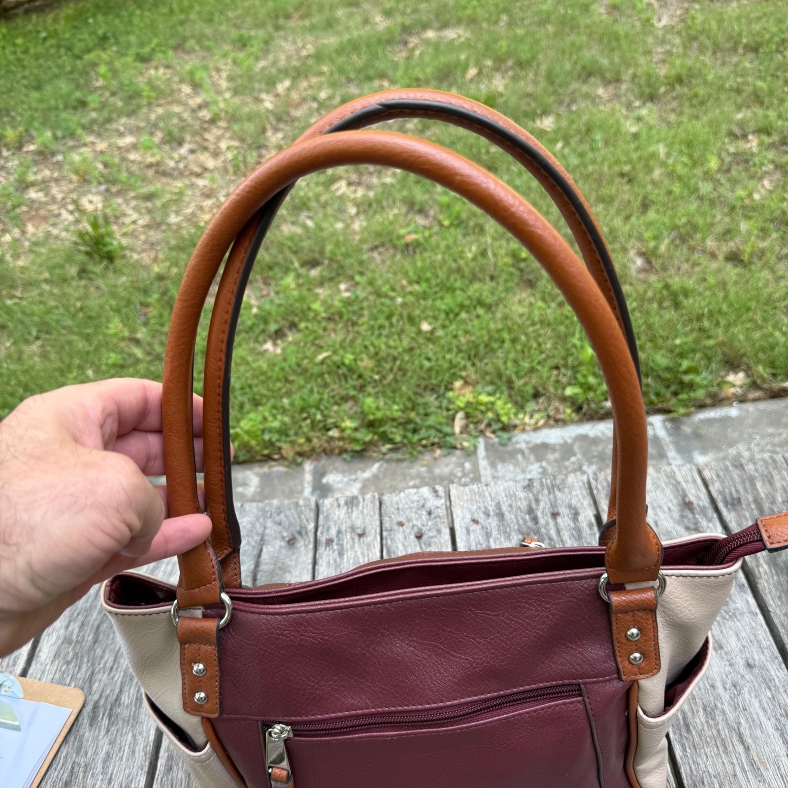 Rosetti Burgundy Tan Cream Pebbled Faux Leather Shoulder Bag Tote Handbag