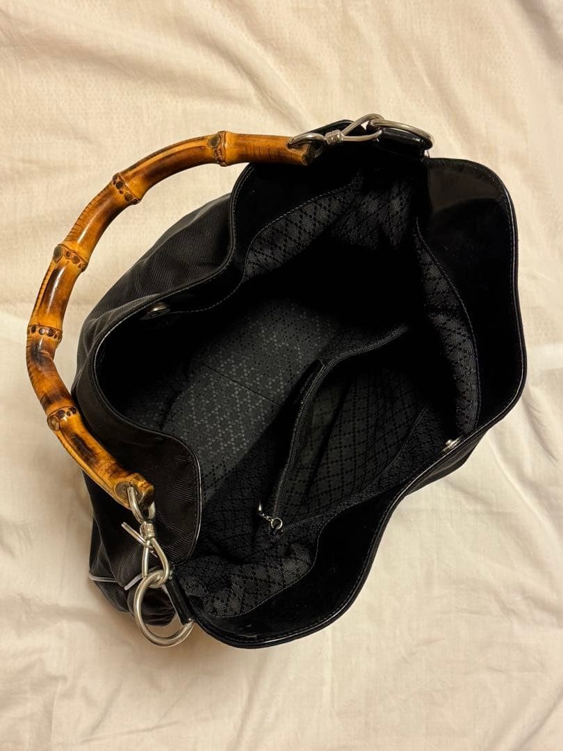 GUCCI Bamboo Nylon Canvas 2Way Handbag Black Women Auth 12.59 x 15.35 x 3.93″