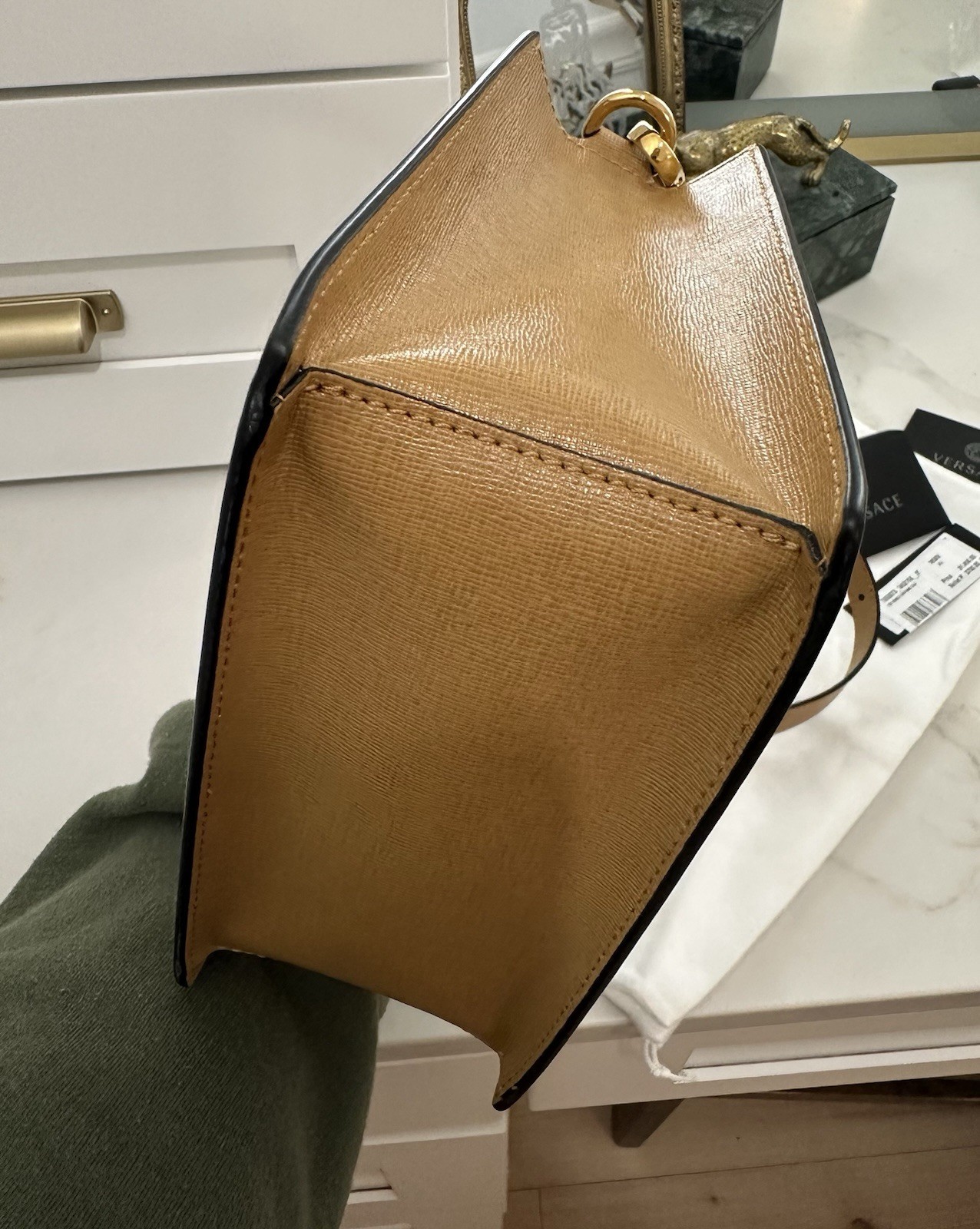 Versace Virtus Top Handle Mini Tote Crossbody Bag Caramel Saffiano Leather