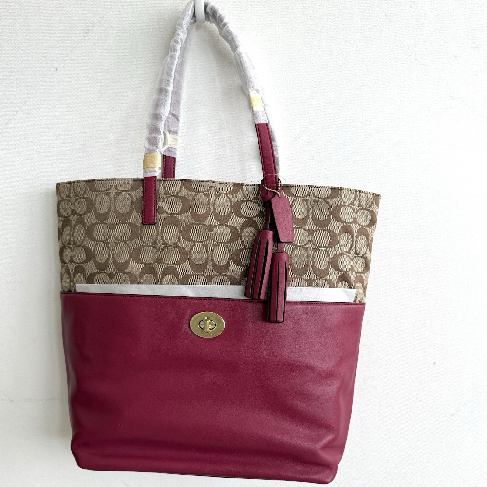 NWT Coach Signature Turnlock Leather Large Tote Bag F26476 Khaki/Deep Port Red