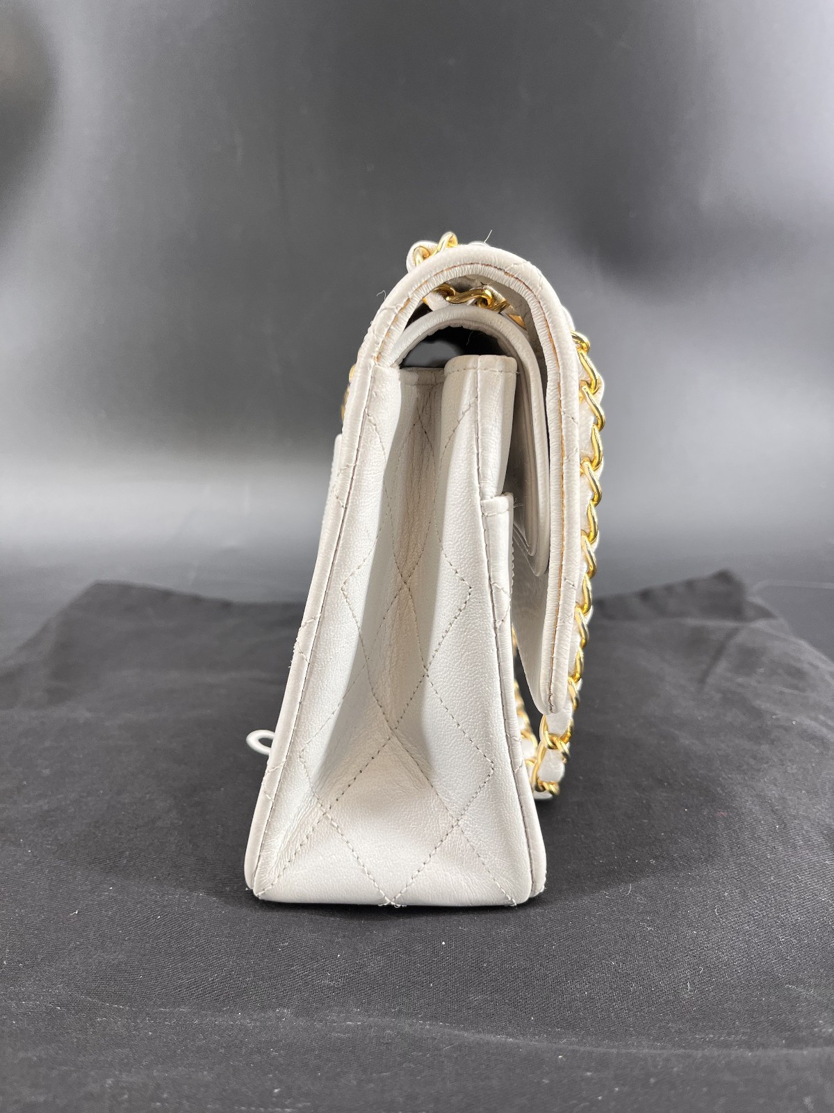 Authentic Chanel Medium Classic Double Flap White Caviar Light Gold HW Bag