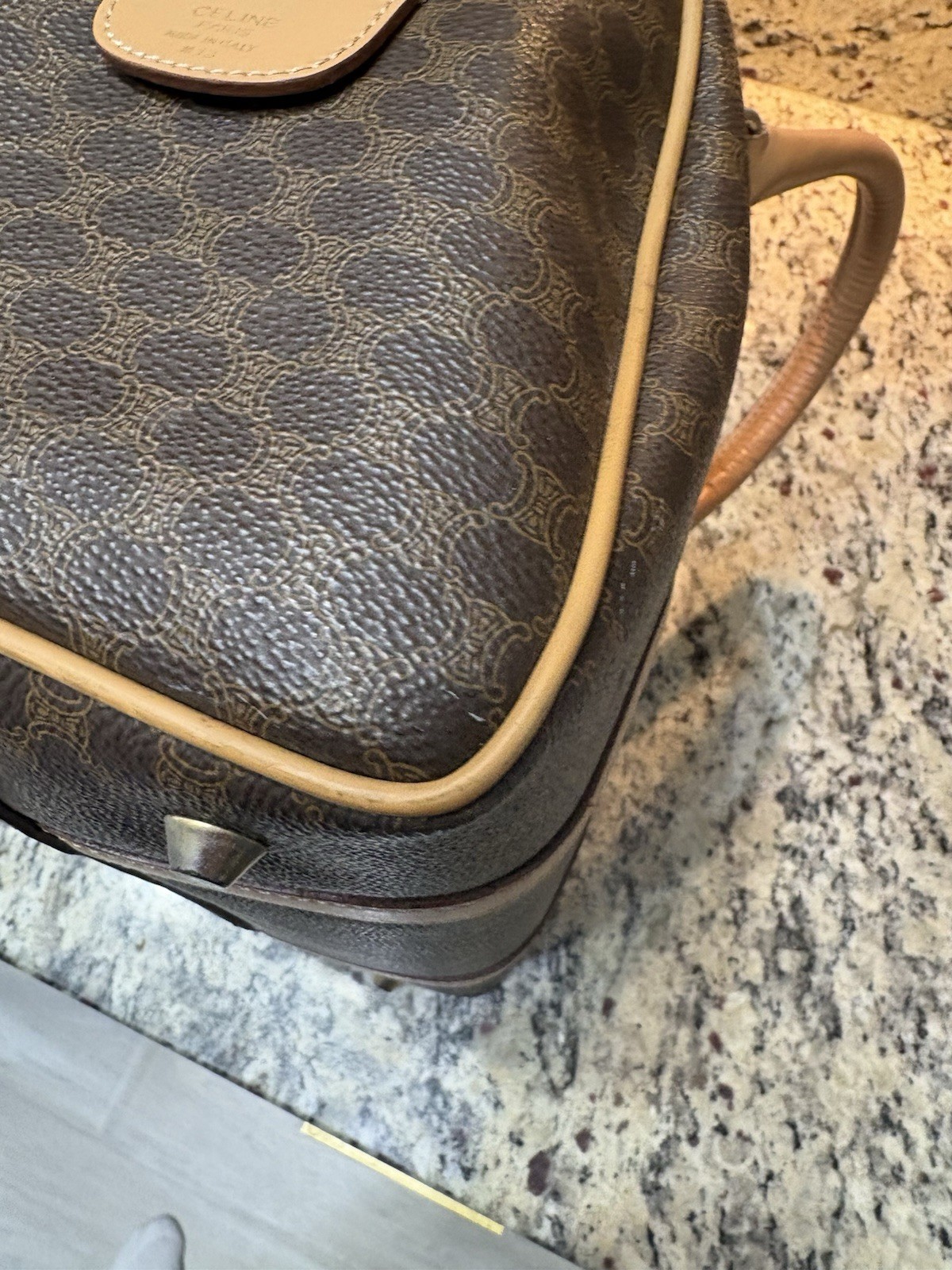 Authentic Vintage Celine Macadam Brown Leather And Coated Canvas Boston Bag