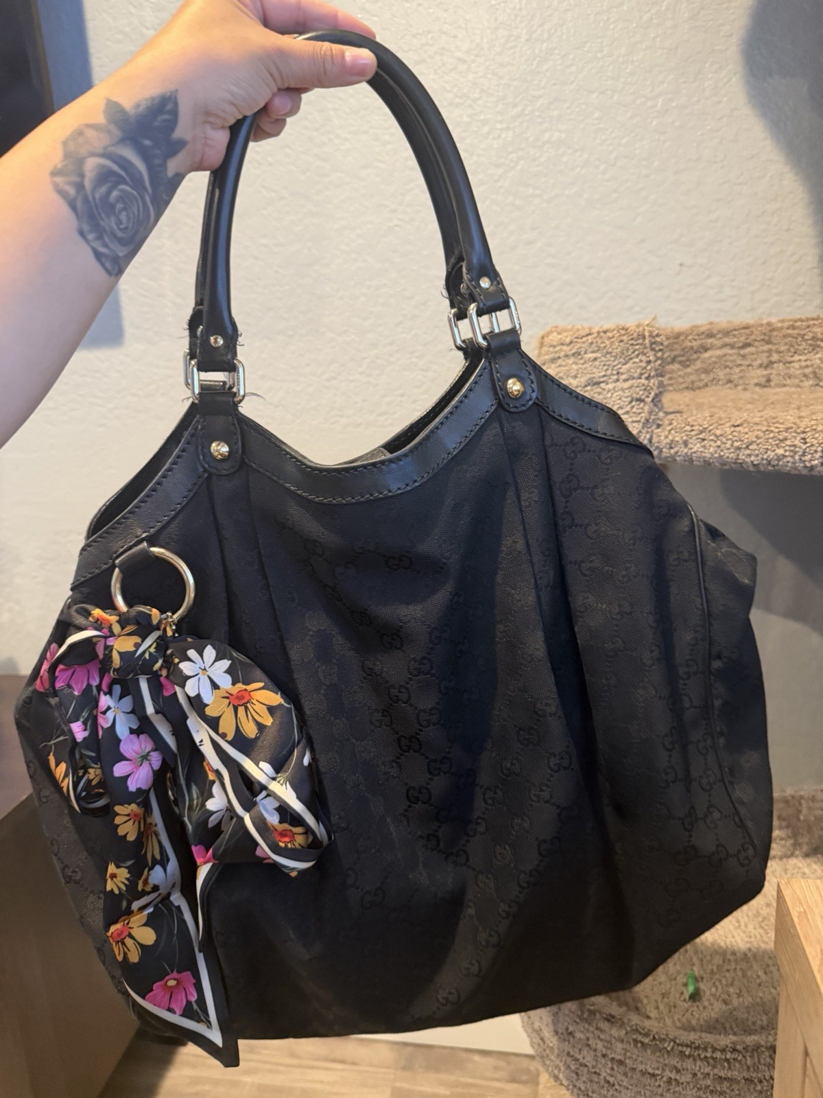 Gucci GG Pattern Black Shoulder Bag Double Handles Gold Hardware w/ Bag Charm