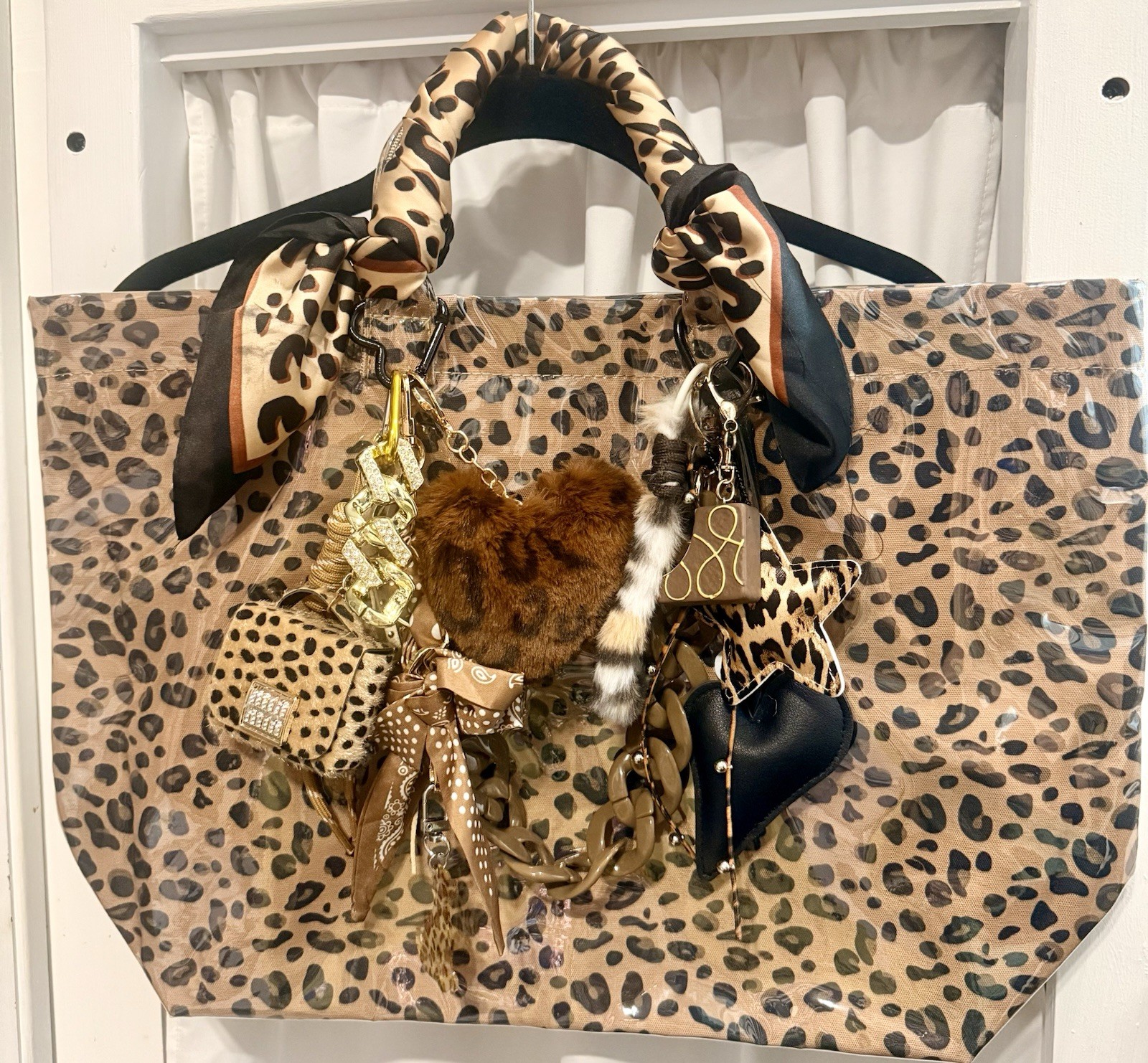 Leopard Animal Print Vinyl Tote Bag adorned with charms! 🐆🖤🤎