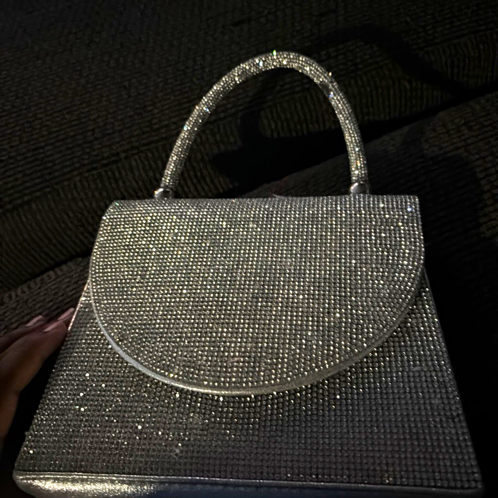 Silver Rhinestone Metallic Top Handle Evening Bag Magnetic Closure Lined