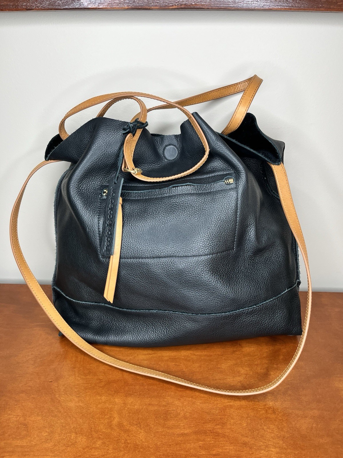 Linea Pelle Shoulder Tote Bag Purse Leather In Black With Tan Straps Large
