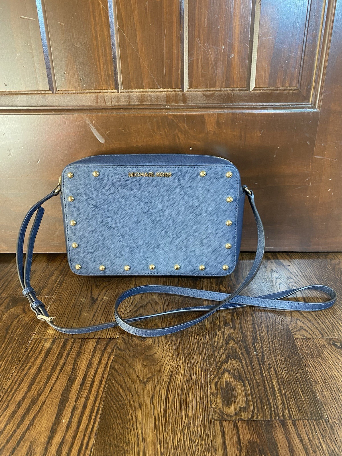Michael Kors Sandrine Gold Studded MK EW Crossbody Bag Navy Saffiano Leather