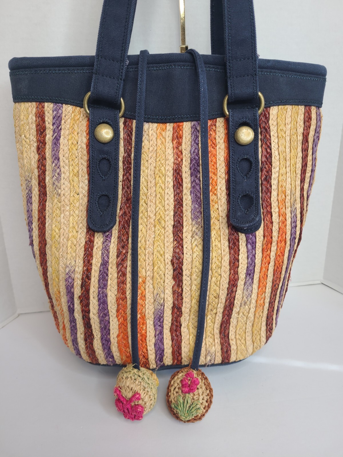 Lucky Brand Multi Colored Striped Straw With Denim Accents Purse Clean