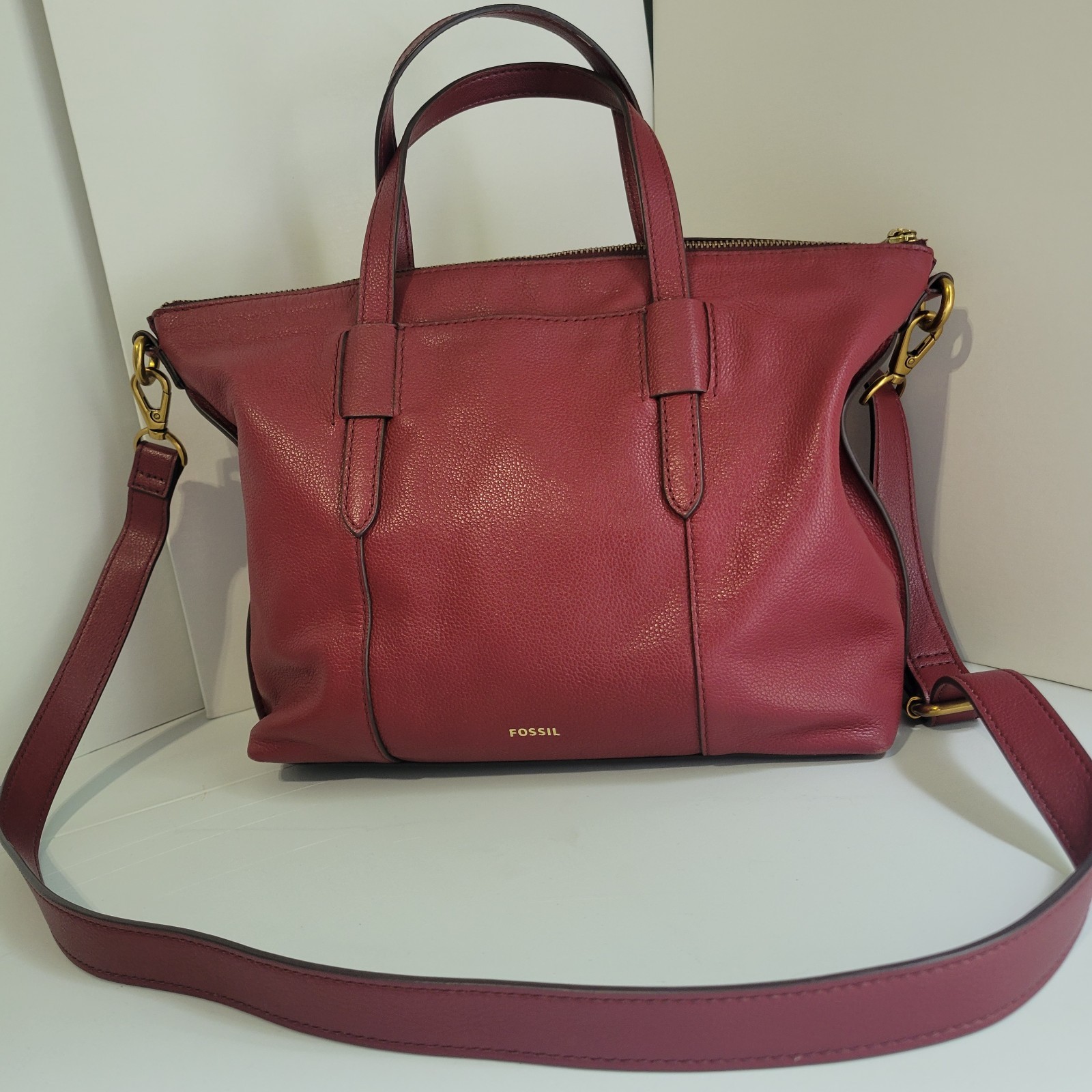 Fossil Genuine Leather Satchel Handbag Burgandy Pebbled Suede Top Handle Med …
